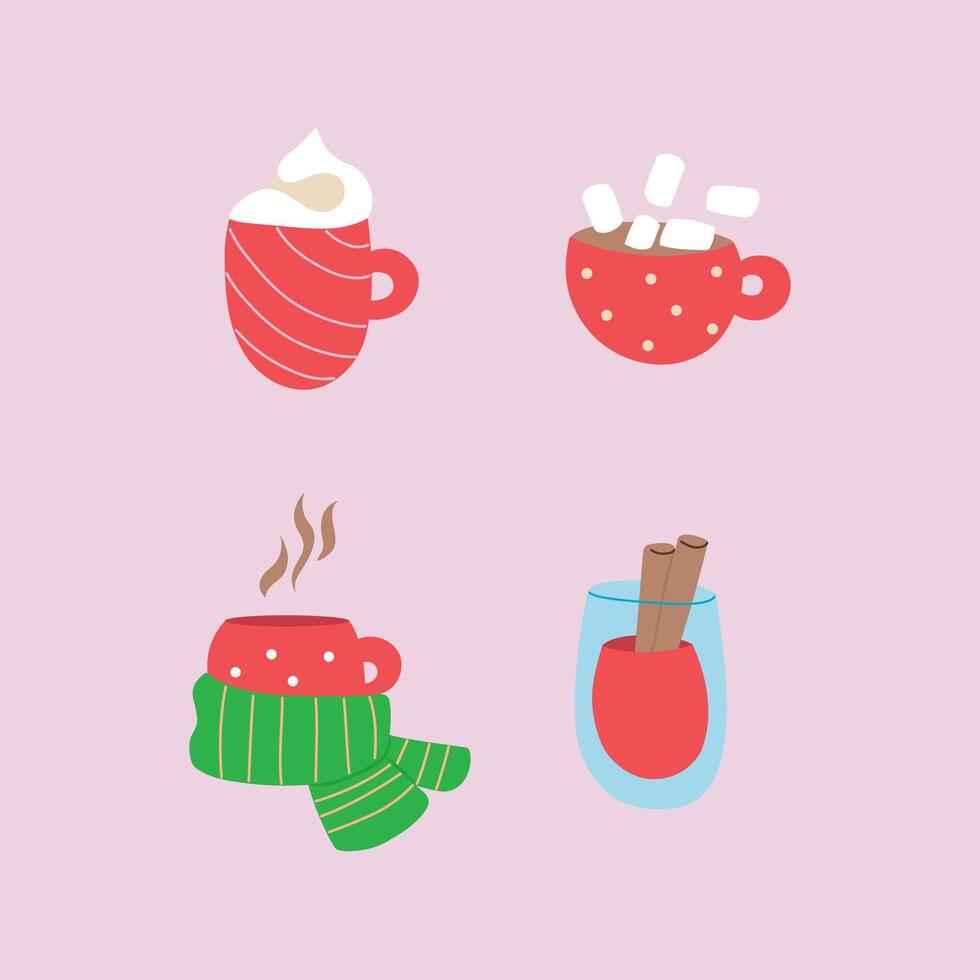 Set with four cartoon hot Christmas drinks. Mug with coffee, cocoa, cream, mulled wine on pink background. Winter mood illustration for greeting cards, invitations, posters, stickers. vector