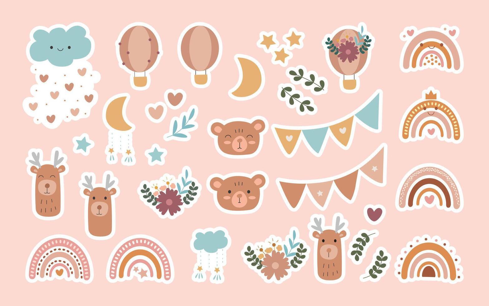 Cartoon boho sticker collection in scandinavian style. Bohemian set illustration vector