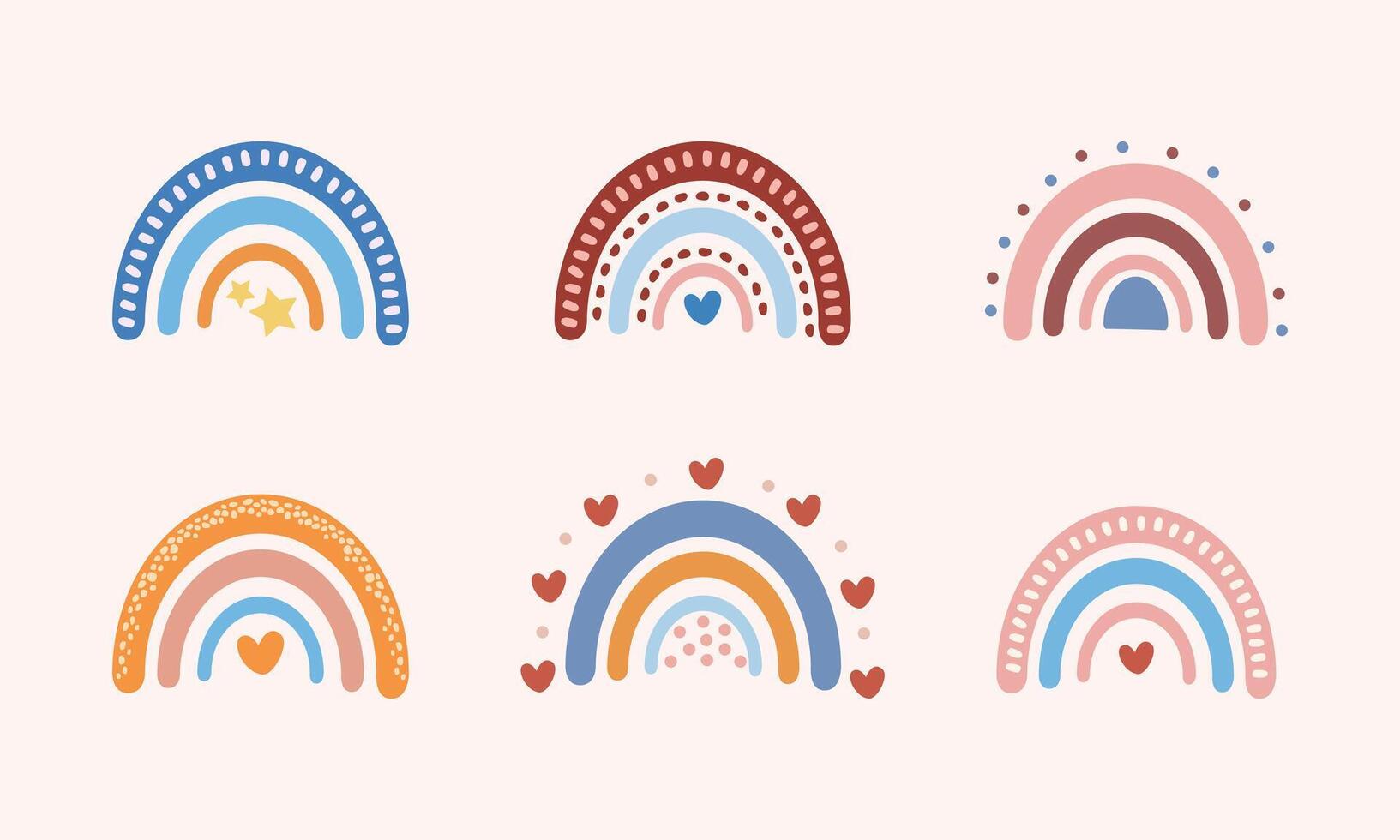 Collection of scandinavian retro rainbows with ornaments. Boho graphic modern set illustration for kids room, decoration, nursery, wall art, cards, print design, posters, t-shirts, mugs vector