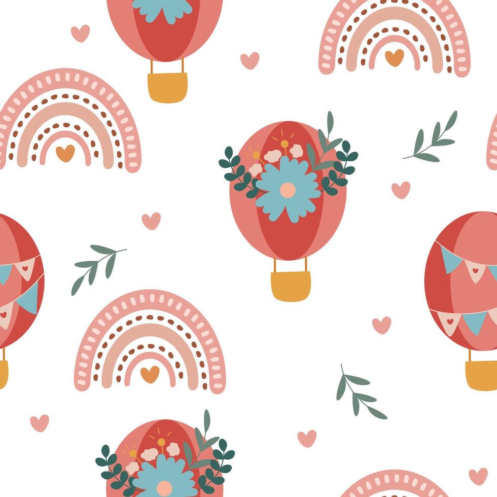 Seamless pattern boho with elements, rainbows, hot air balloons, flowers. Scandinavian illustration vector