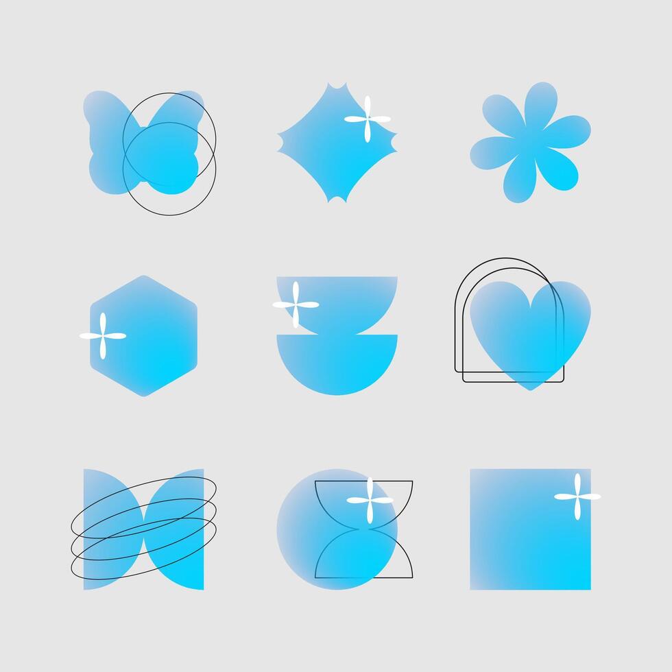 Set of simple geometric forms, abstract shapes with blue blur gradient effect. Template graphic design illustration of heart, butterfly, flower in y2k style vector