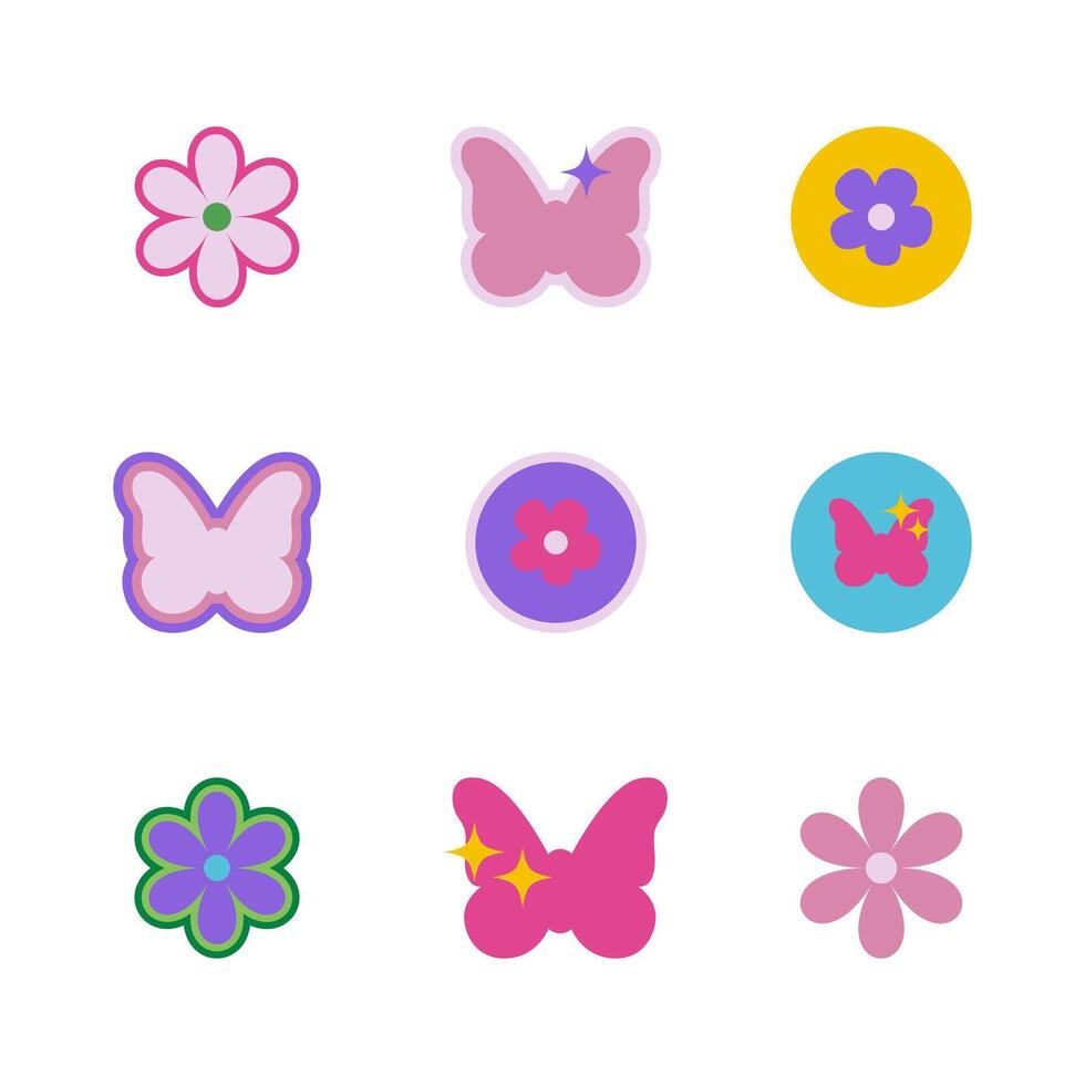 Set of trendy icons in 90s, 2000s style. Y2k sticker butterfly, flower 2000s. Set of design elements vector