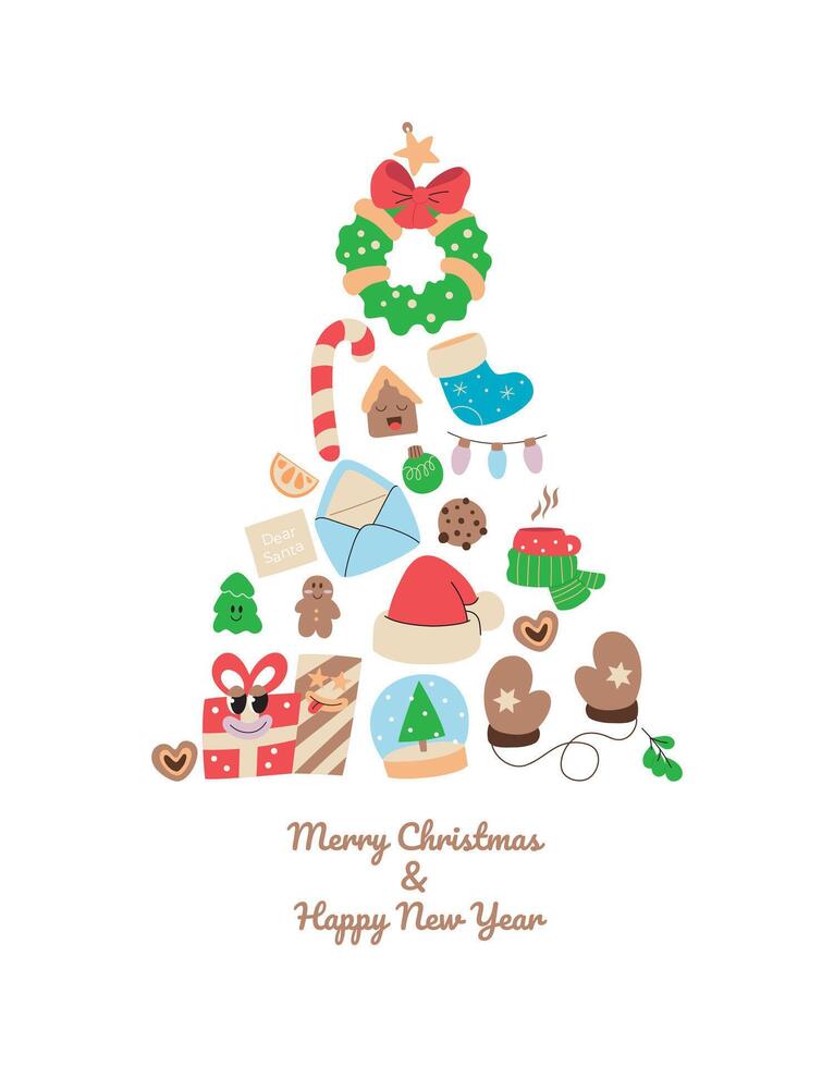 Retro Christmas tree design element for poster, card. Cartoon groovy gifts characters, new year stickers, holiday symbols vector