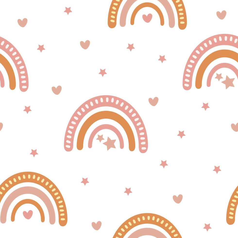 Seamless pattern with scandinavian boho rainbows and stars on white background. Retro illustration for textile, wrapping paper, fabric, print design vector