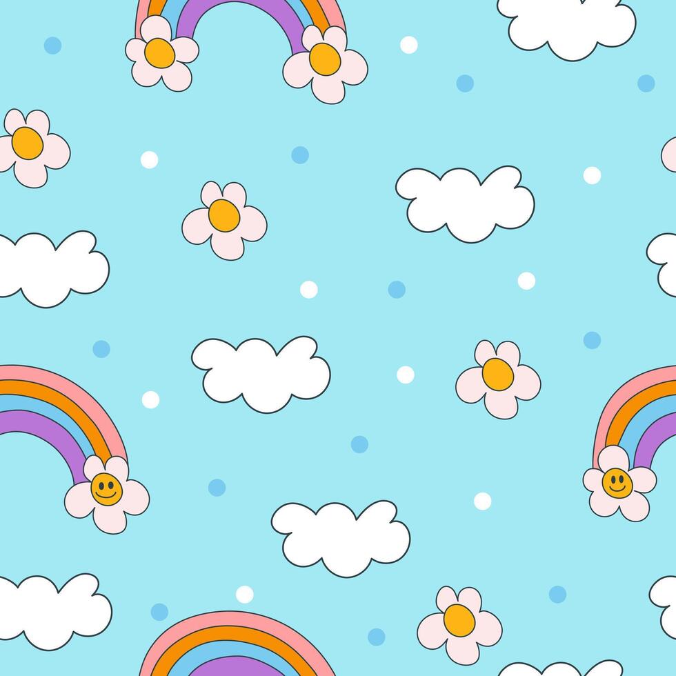 Seamless retro pattern in y2k style on blue background. Hand drawn smiling flowers, clouds, rainbows. Illustration for textile, paper, fabric, background, print design vector