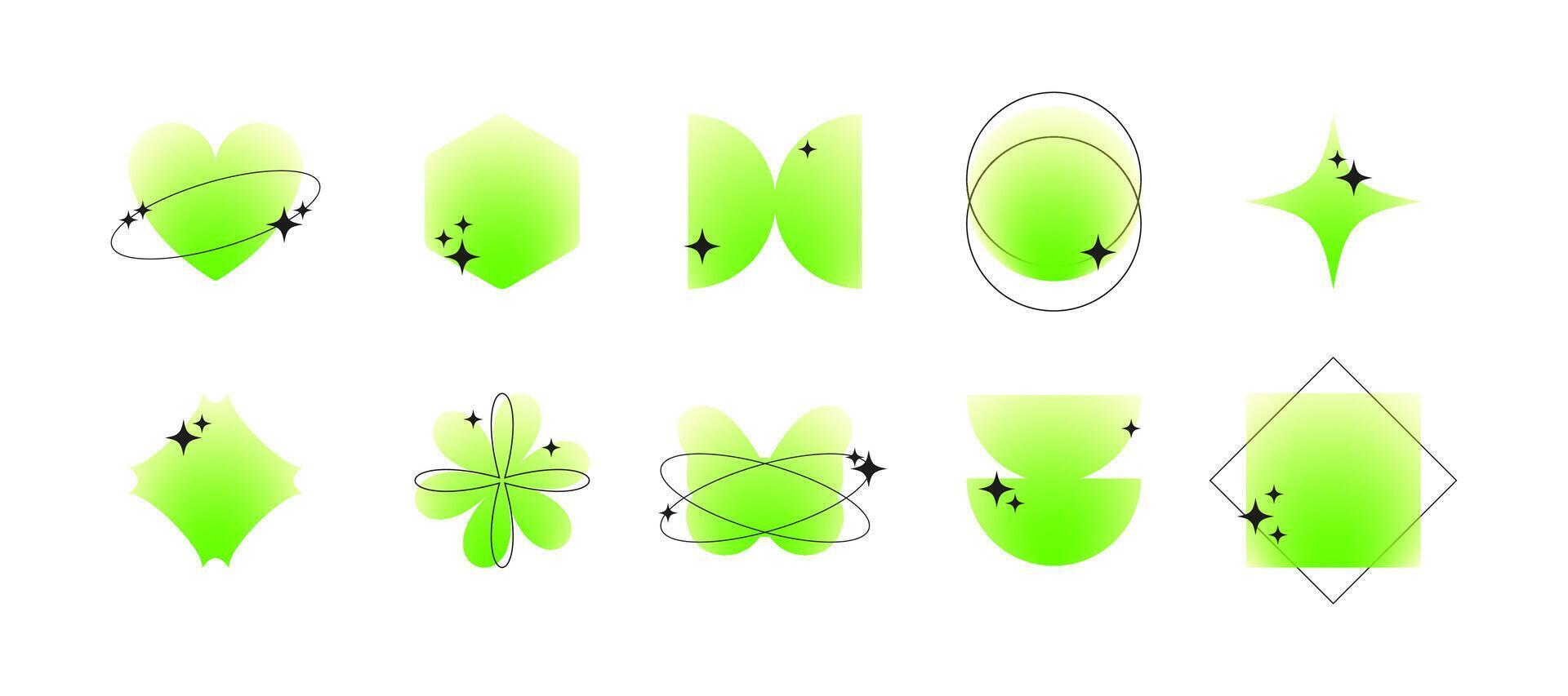 Modern abstract blurred gradient green colors shapes collection in y2k style. Flower, heart, butterfly, star aura aesthetic elements with black sparkles for social media or poster design vector