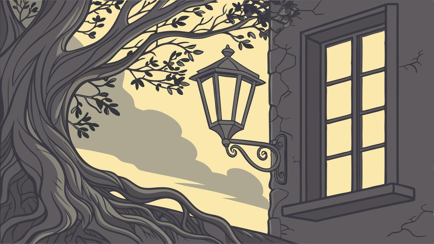A drawing of a tree and a lamp vector
