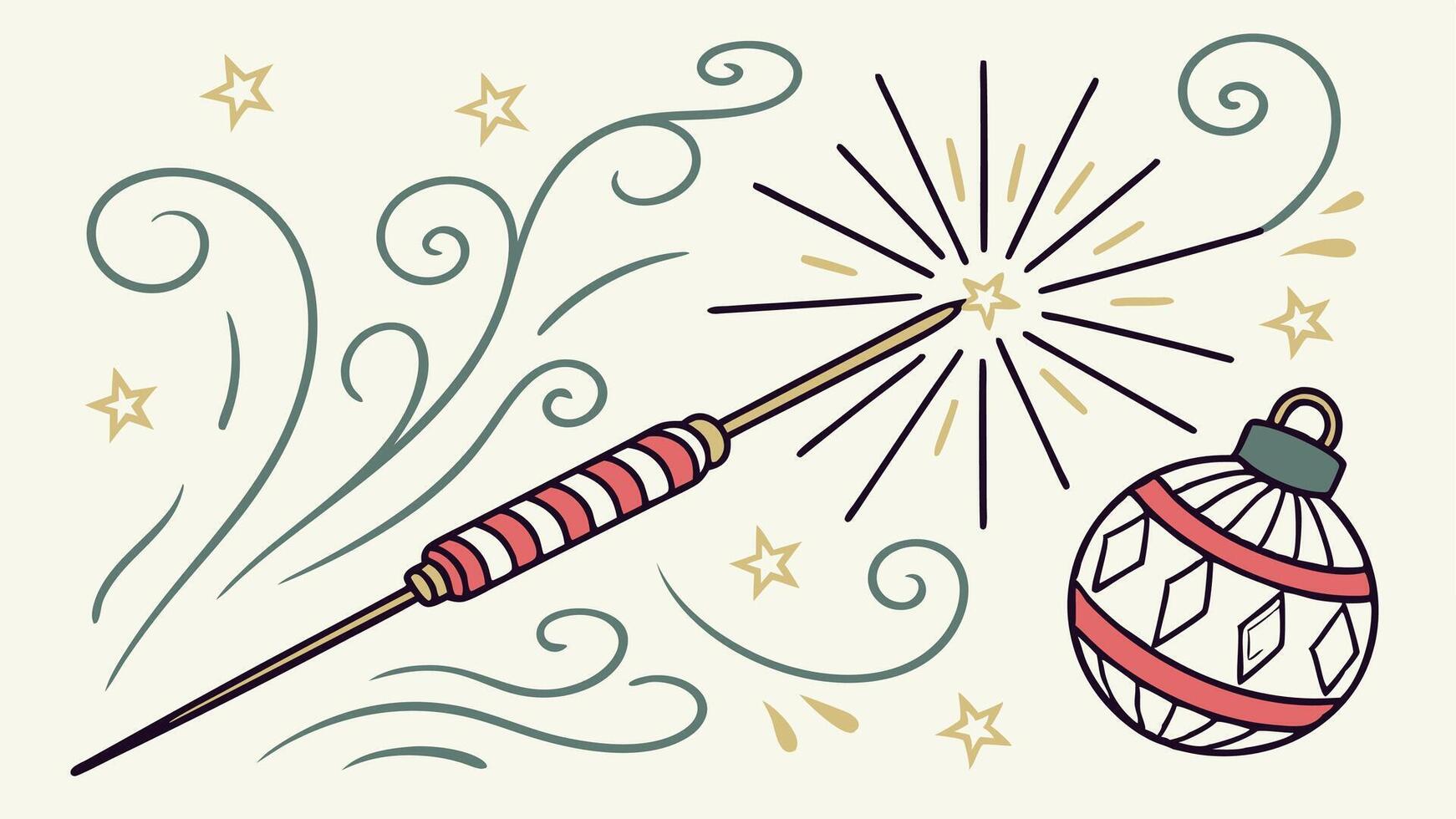 A drawing of a sparkler and a christmas ornament vector