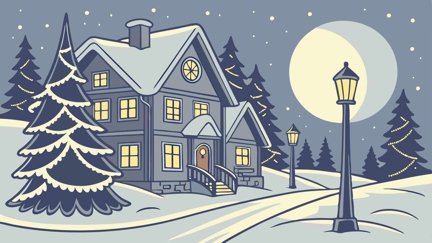 A winter scene with a house and street lamp vector