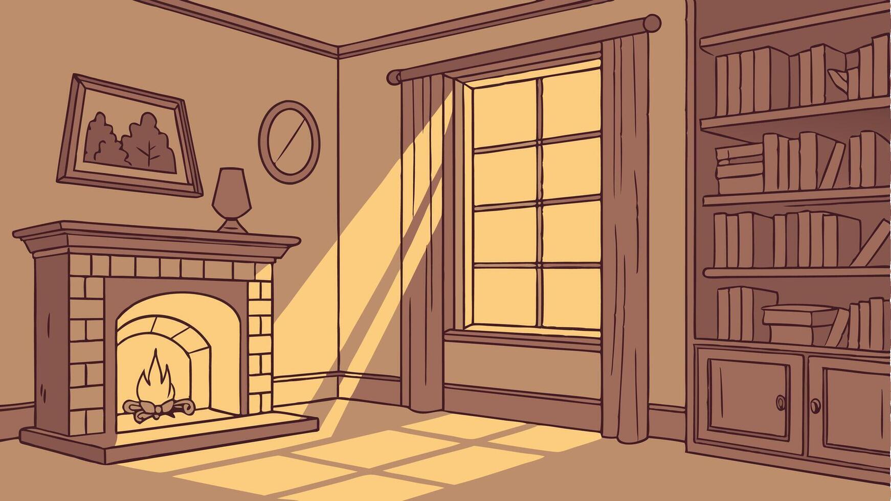 Illustration of a room with a fireplace and bookshelves vector
