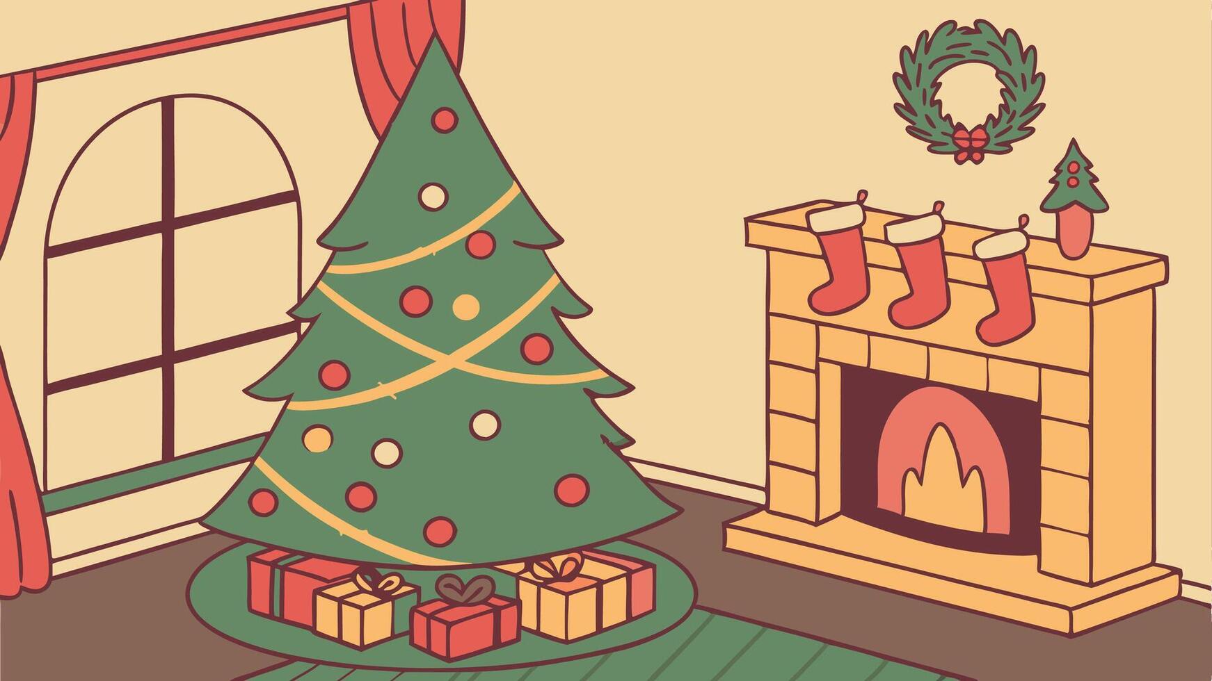 Christmas tree in living room with fireplace and presents vector