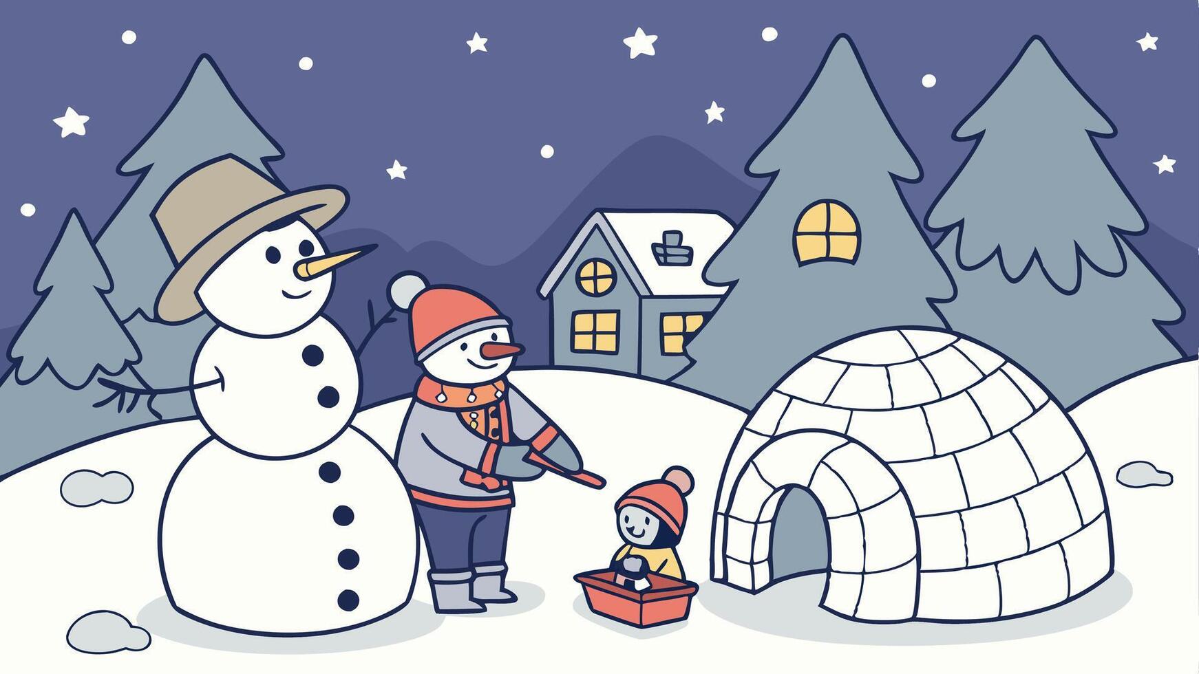 A cartoon illustration of a family building a snowman vector