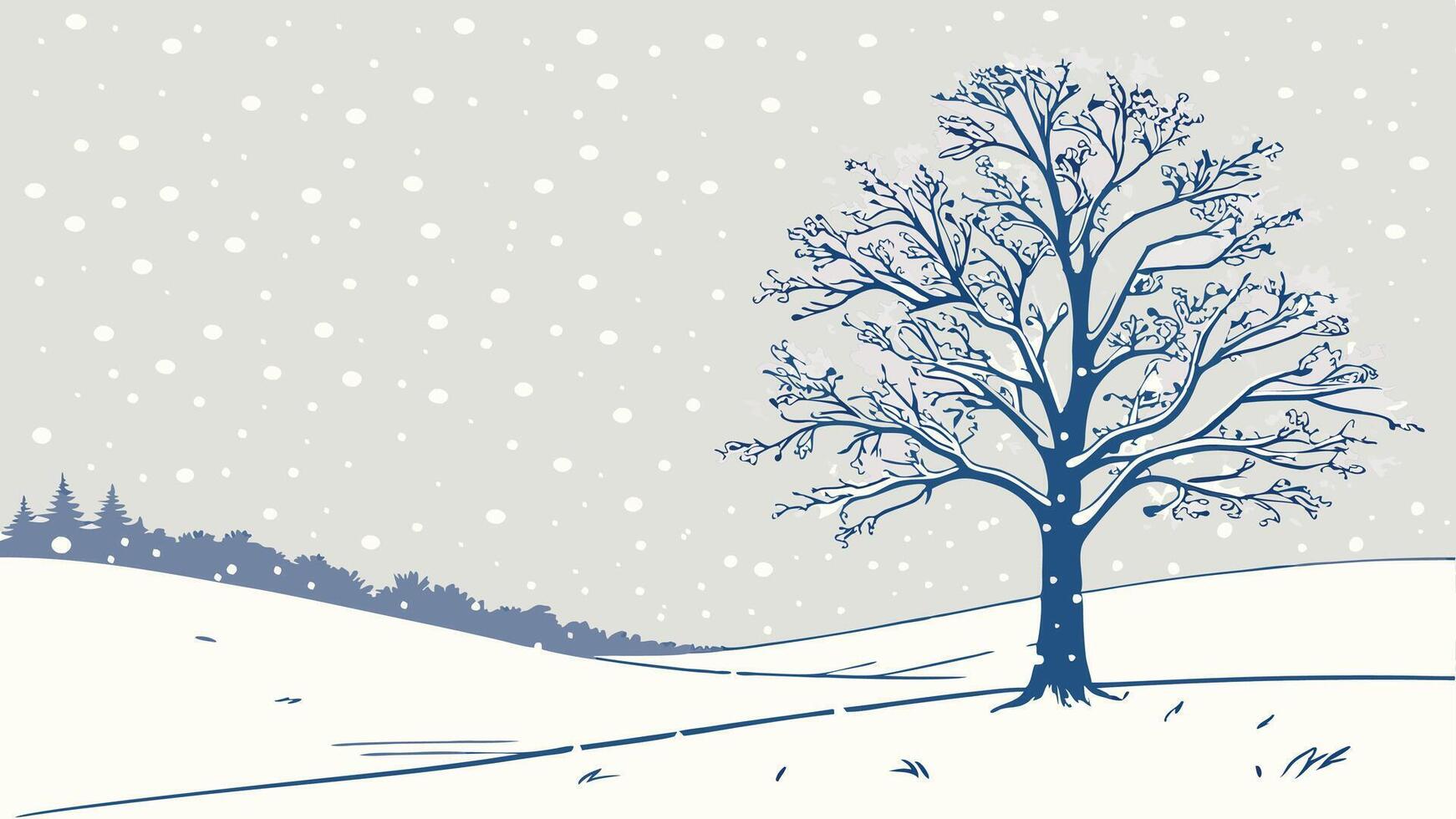 Winter landscape with tree and snowfall illustration vector