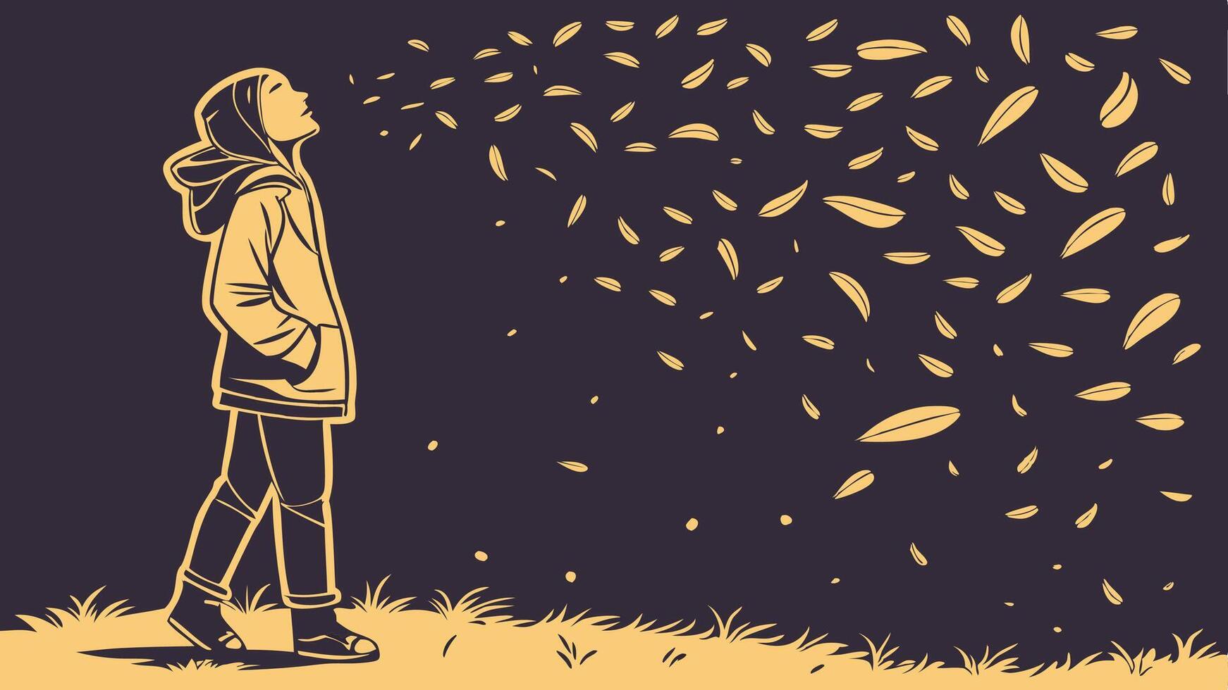 A woman standing in the grass with leaves blowing in the wind vector