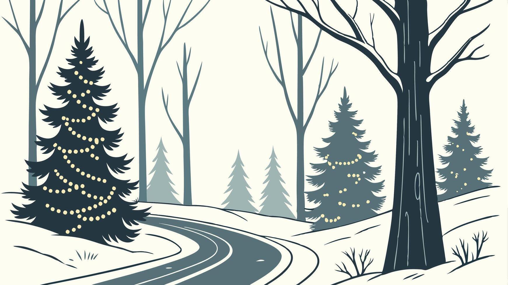 Winter forest background with a road perspective and Christmas trees decorated with garland lights vector
