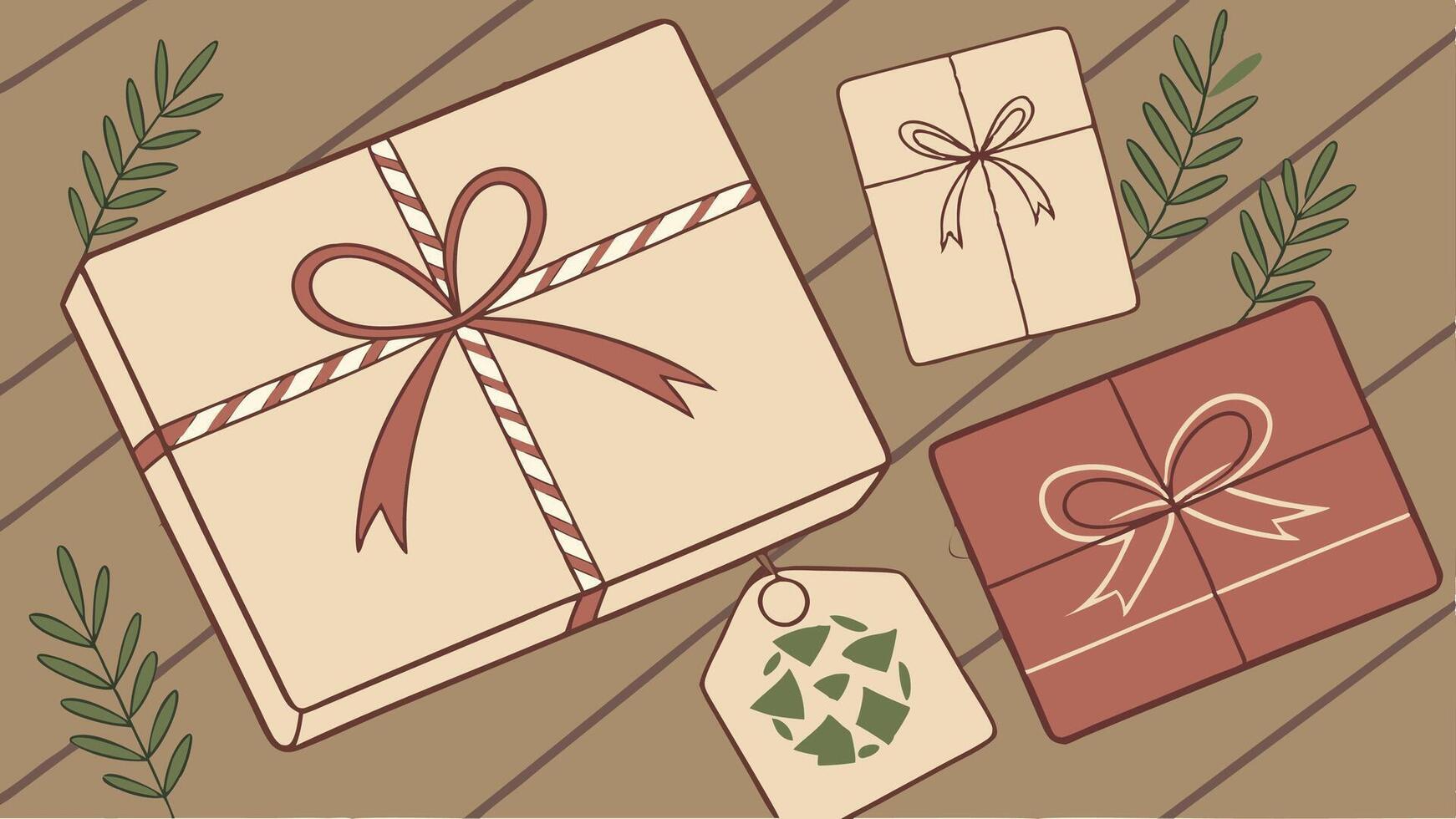 Gift boxes with ribbons and bows on a wooden floor vector