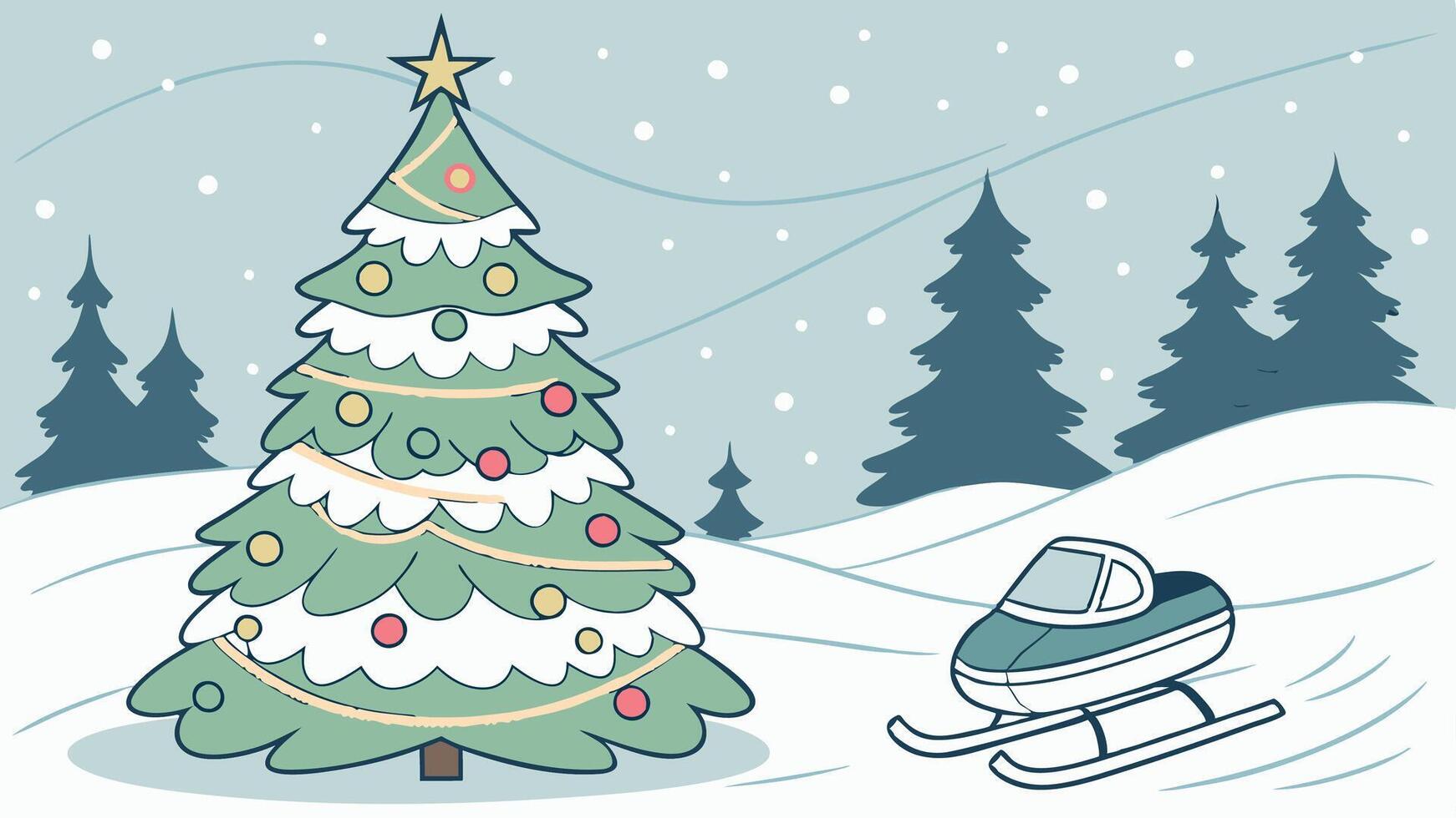 Beautiful decorated snowed in christmas tree in a cold winterlandscape technology vector