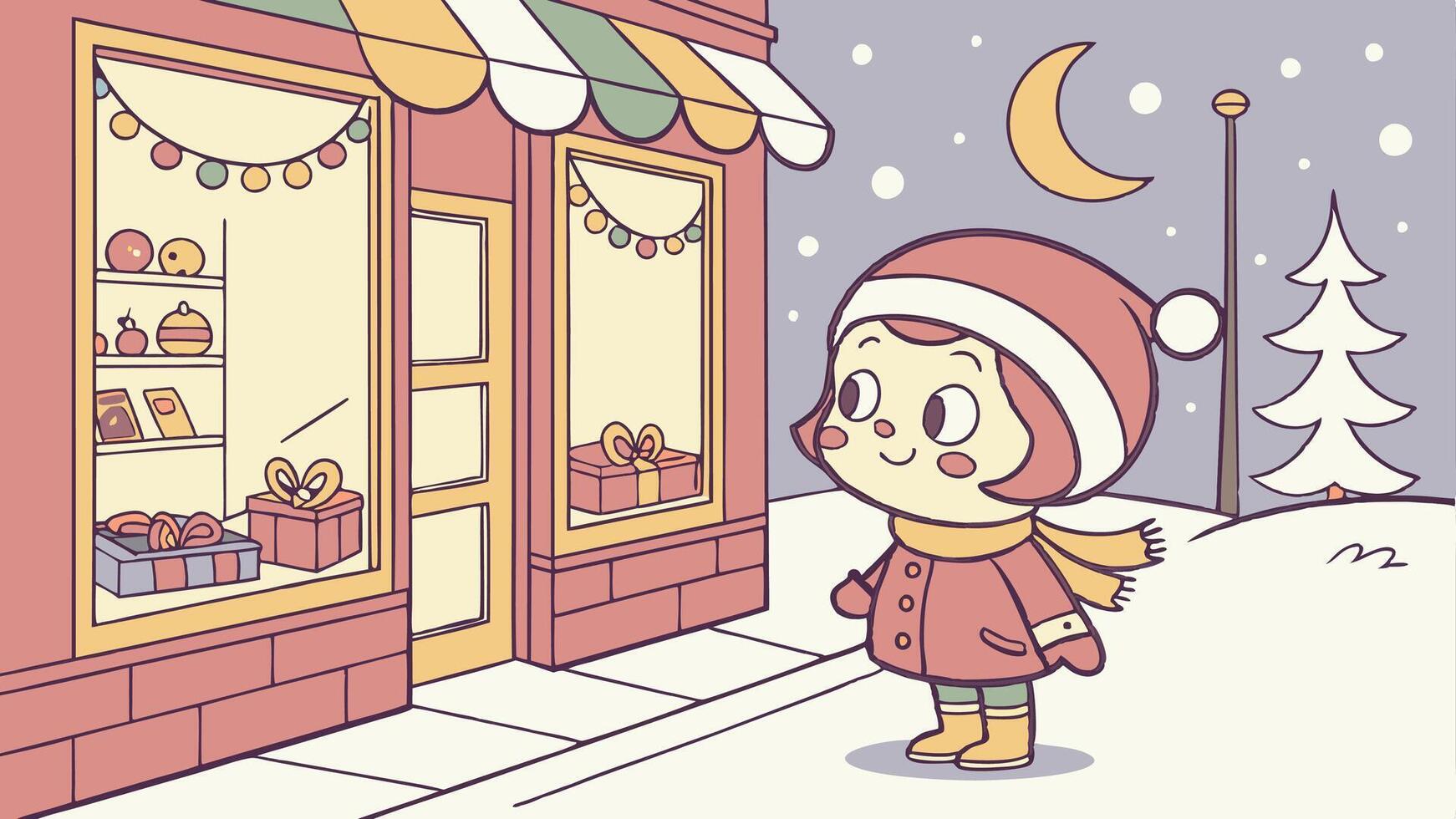 Cute child looking at a christmas toy store. created with vector