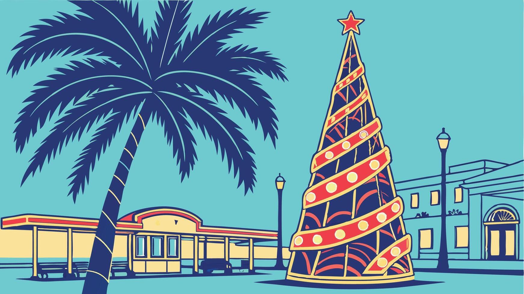 A poster with a christmas tree and palm trees vector