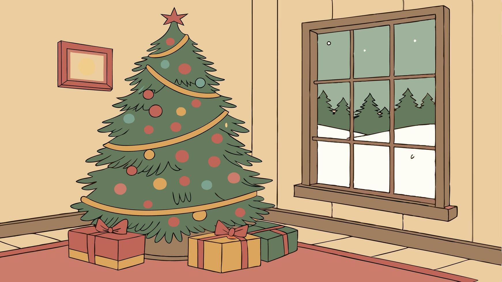 Christmas scene with tree and decorations. lights. balls. gifts in living room and window in center vector