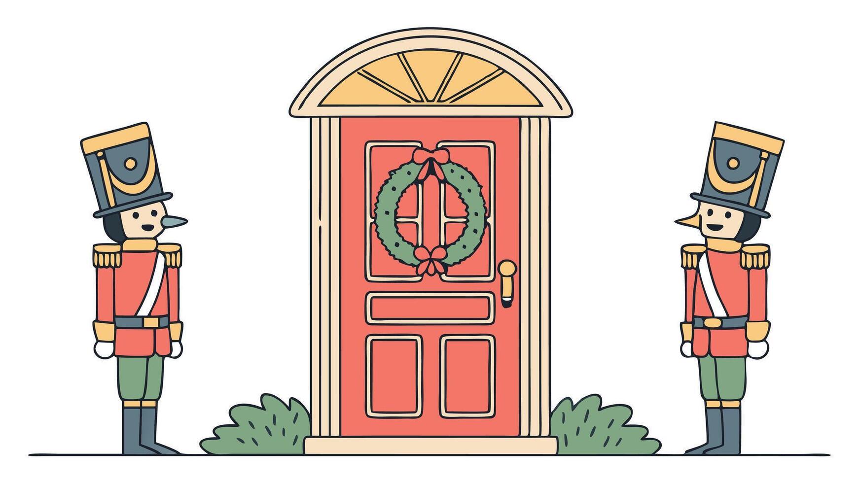 Red door with christmas garland around the door with royal nutcrackers on either side of the door. vector