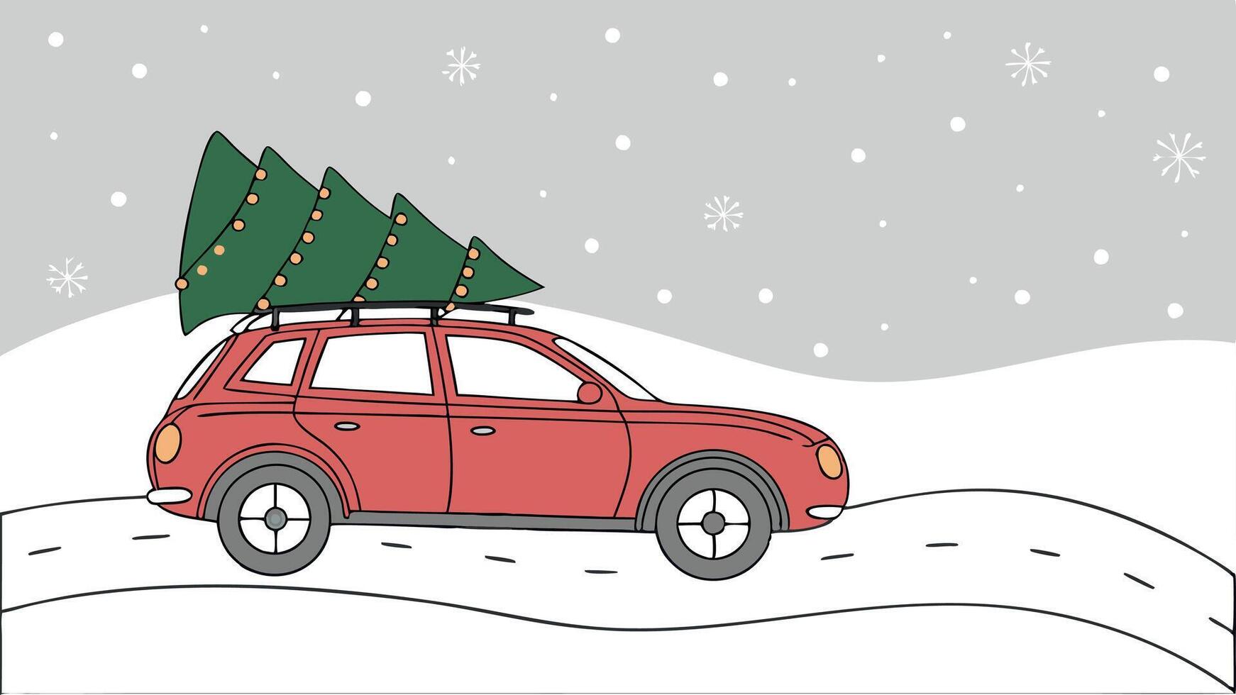 Red car carrying a Christmas tree on the roof in a snowy. vector