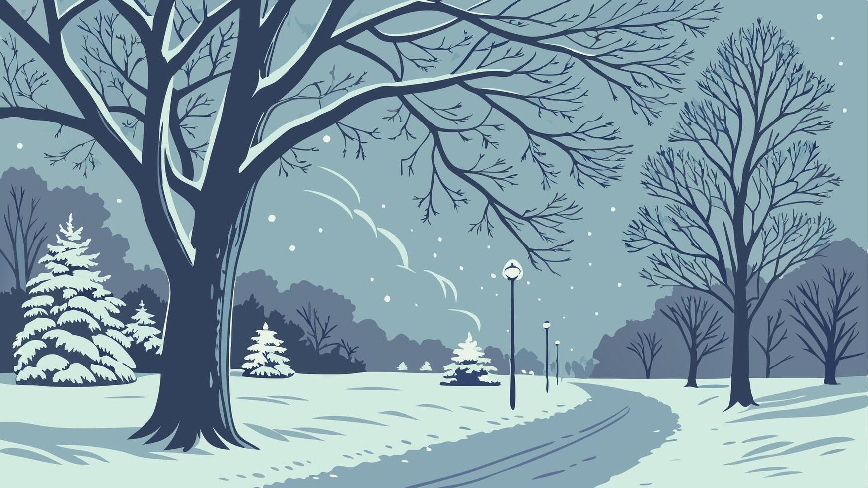 Winter landscape with trees and snow covered road vector