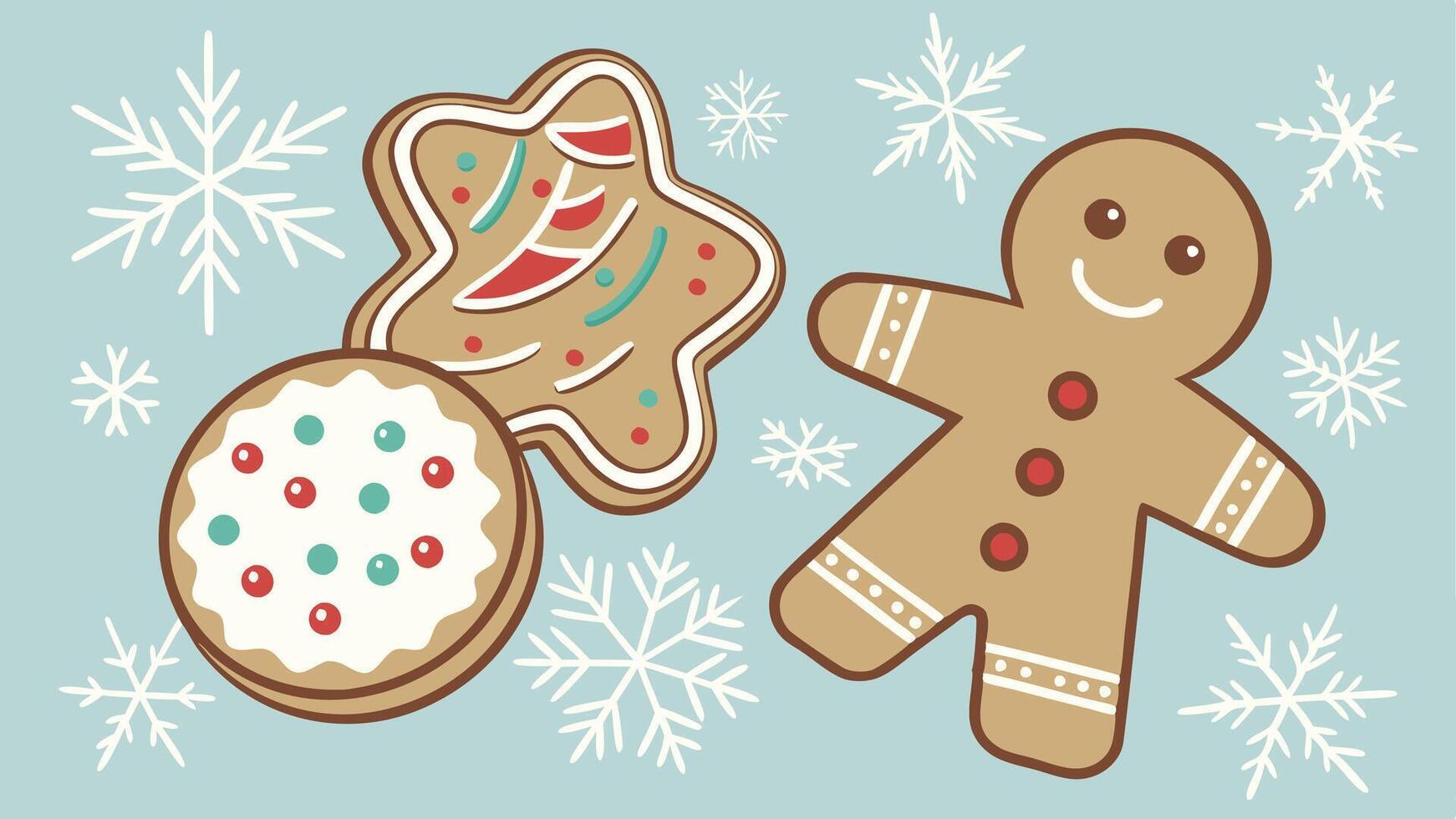Christmas gingerbread and cookies with snowflakes on light blue background. vector