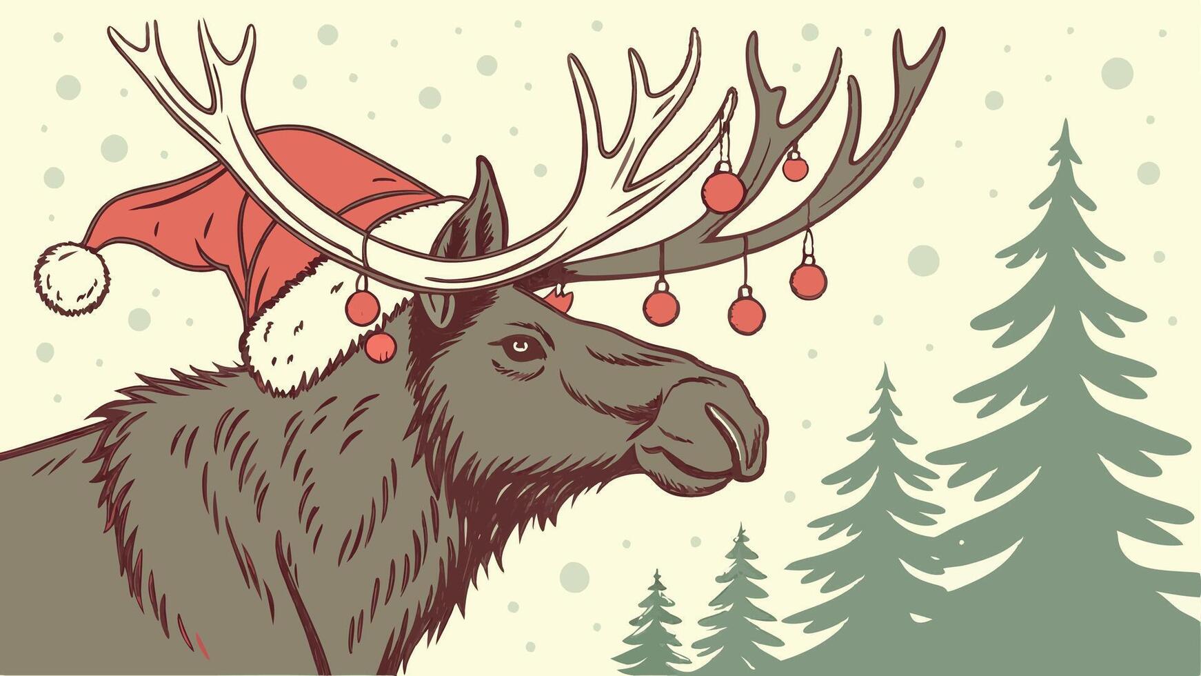 Festive Antlers. Christmas Moose Portrait in Red Santa Hat. Watercolor Print and Poster. vector