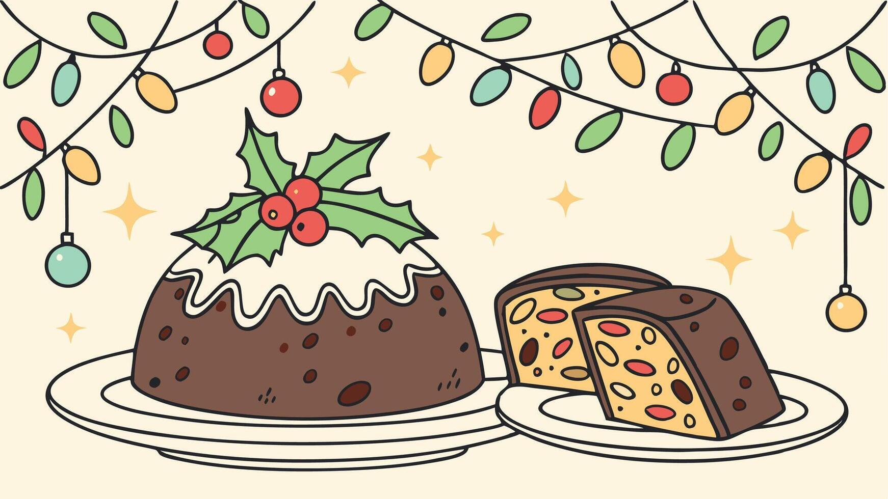 Christmas pudding fruit cake on christmas decoration background.Traditional festive dessert. vector