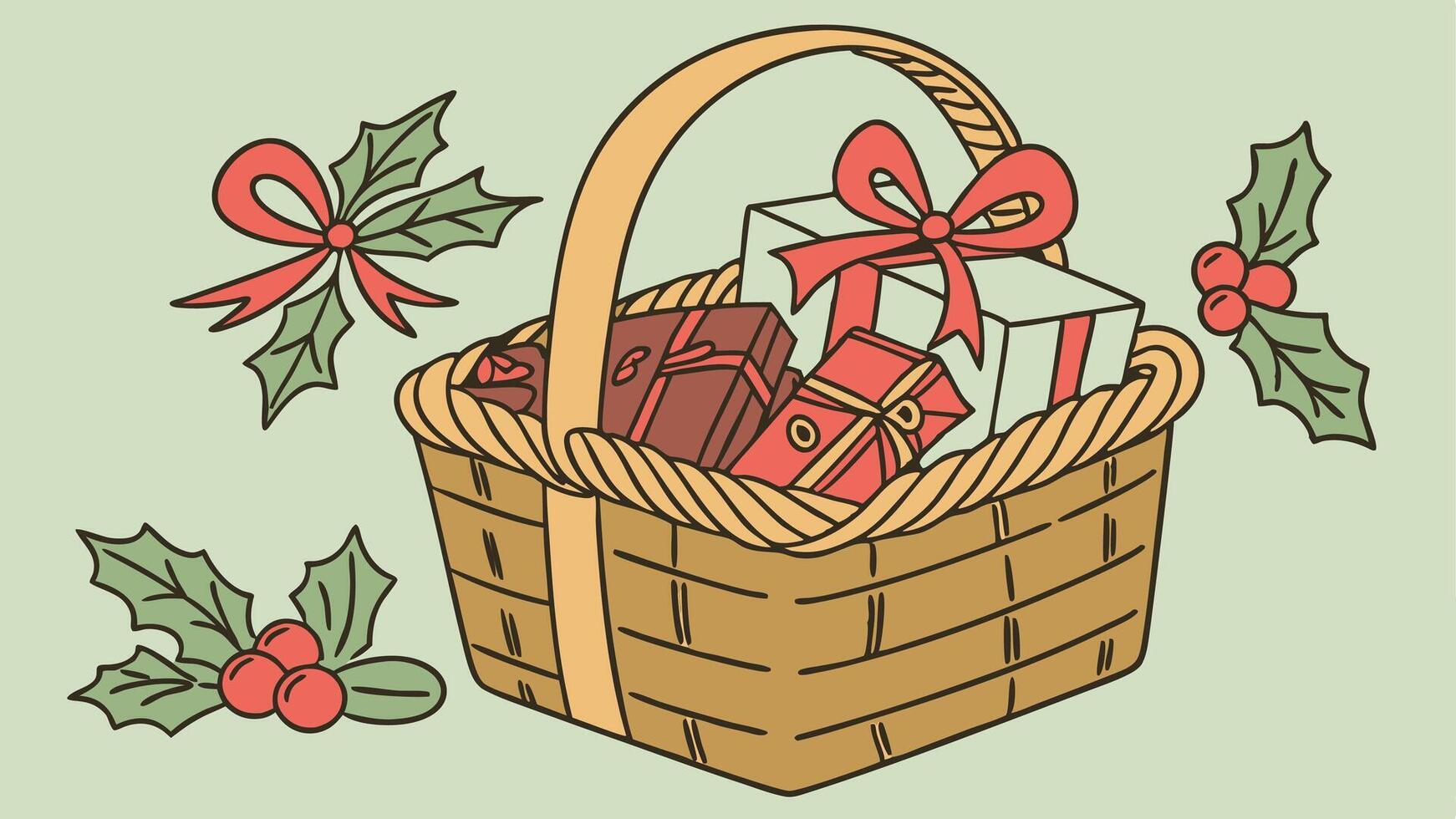 Christmas gift basket with holly and bows isolated on plain green studio background vector