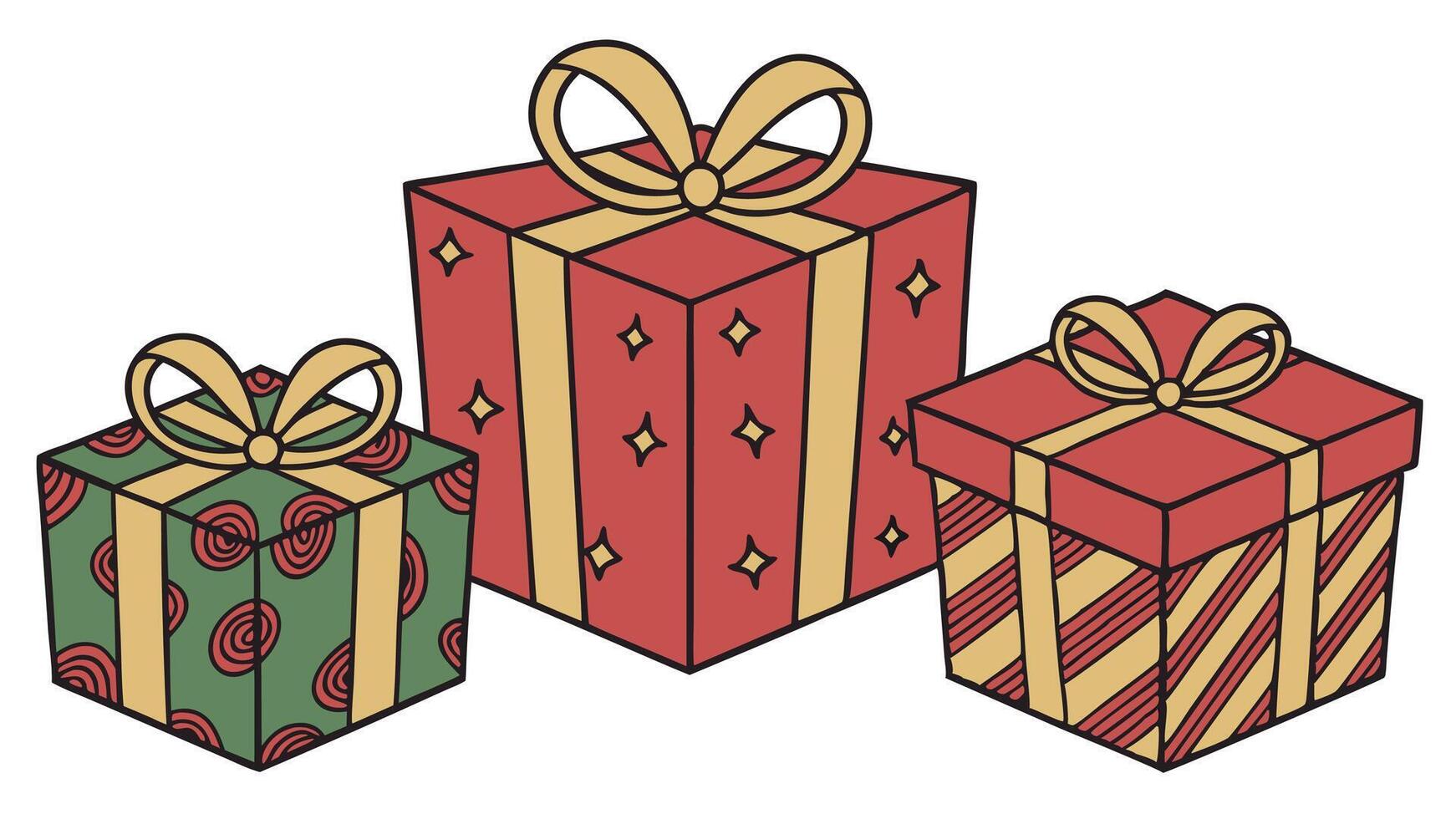 Christmas gift boxes. presents with golden bows and ribbons isolated white background. vector