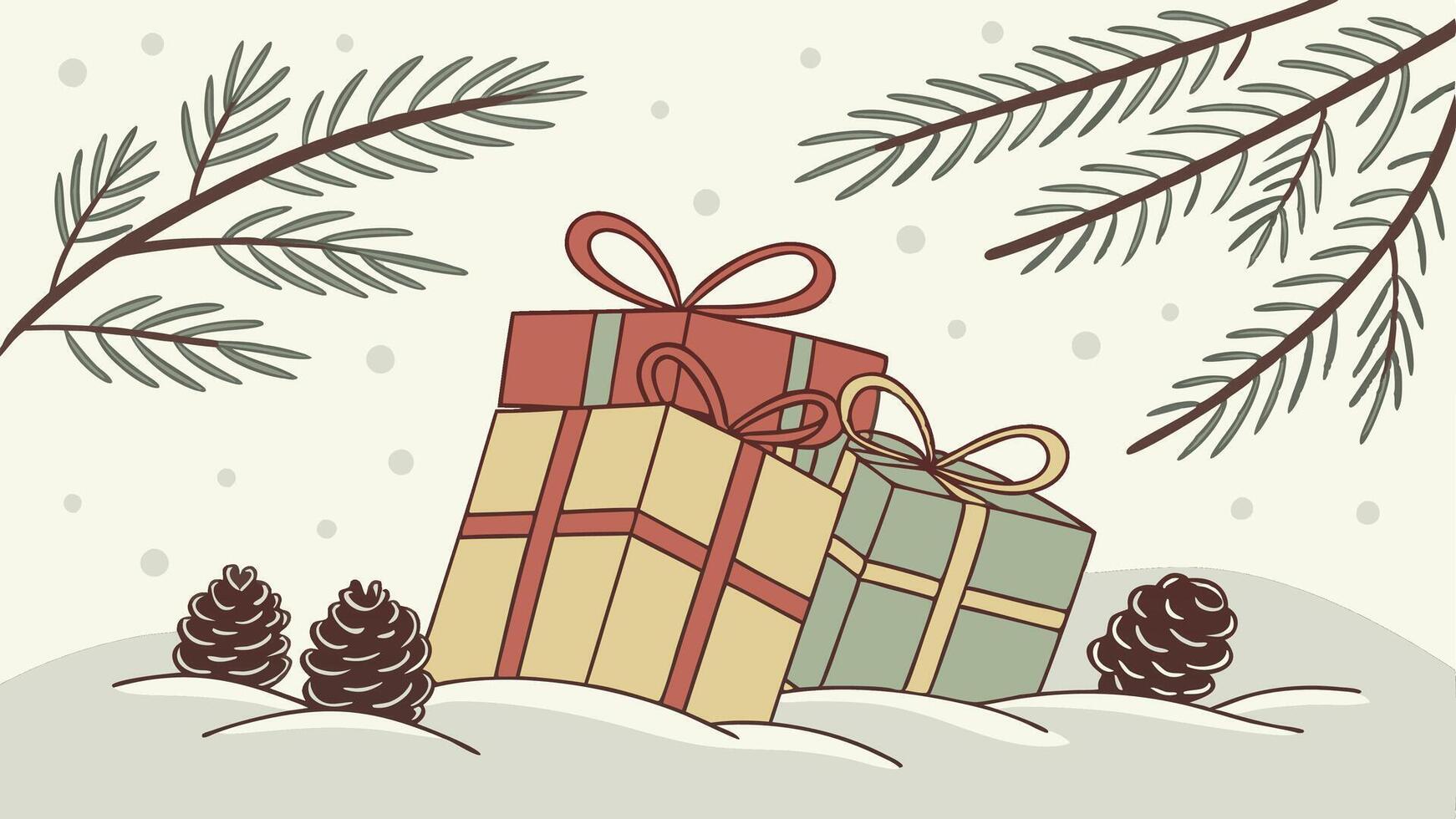 Christmas gift boxes with pine cones and snow on a white background vector