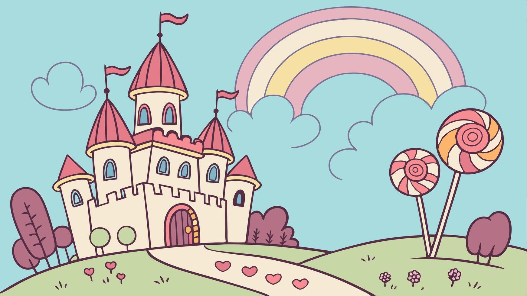 A cartoon castle with lollipops and a rainbow vector