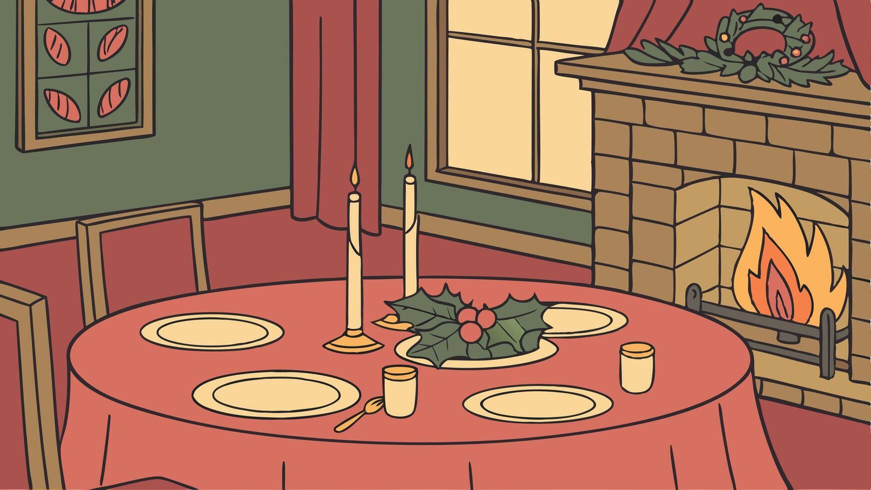 A cartoon of a dining room table with a fireplace vector