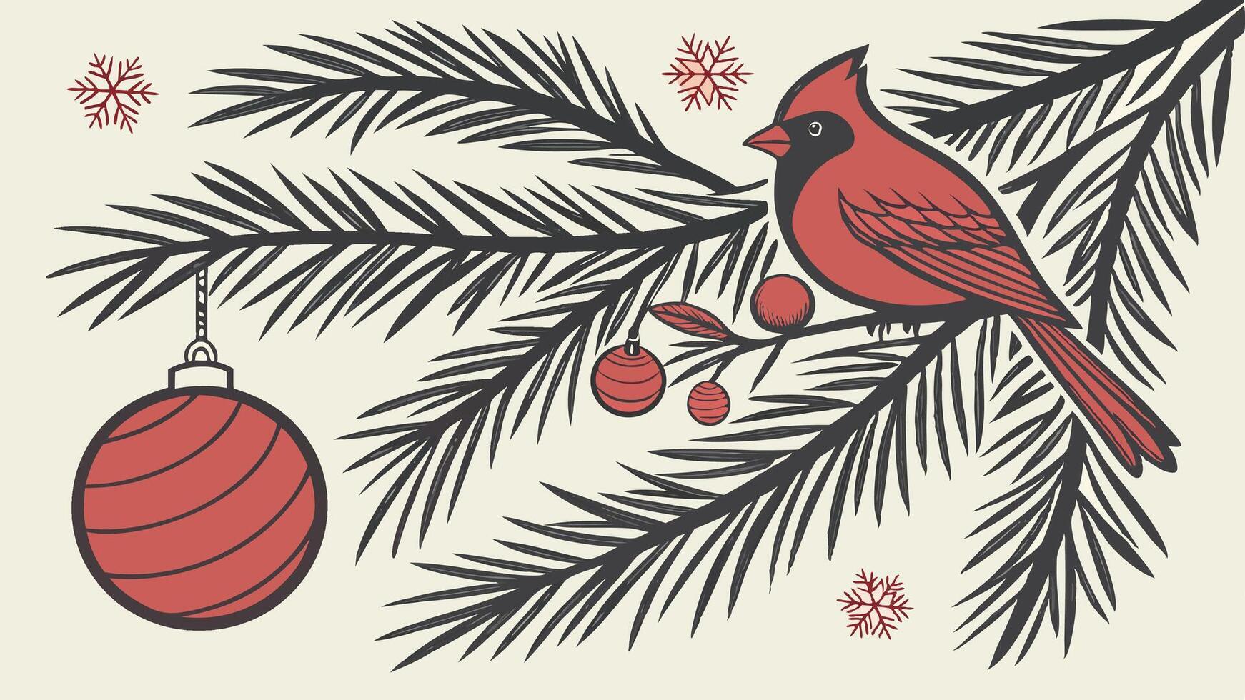 A cardinals perched on a branch with a christmas tree vector