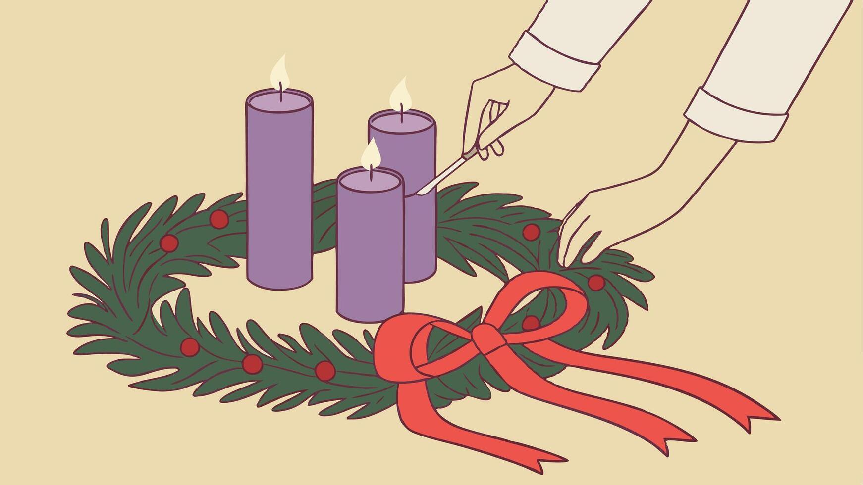 A person is lighting a candle on a wreath vector