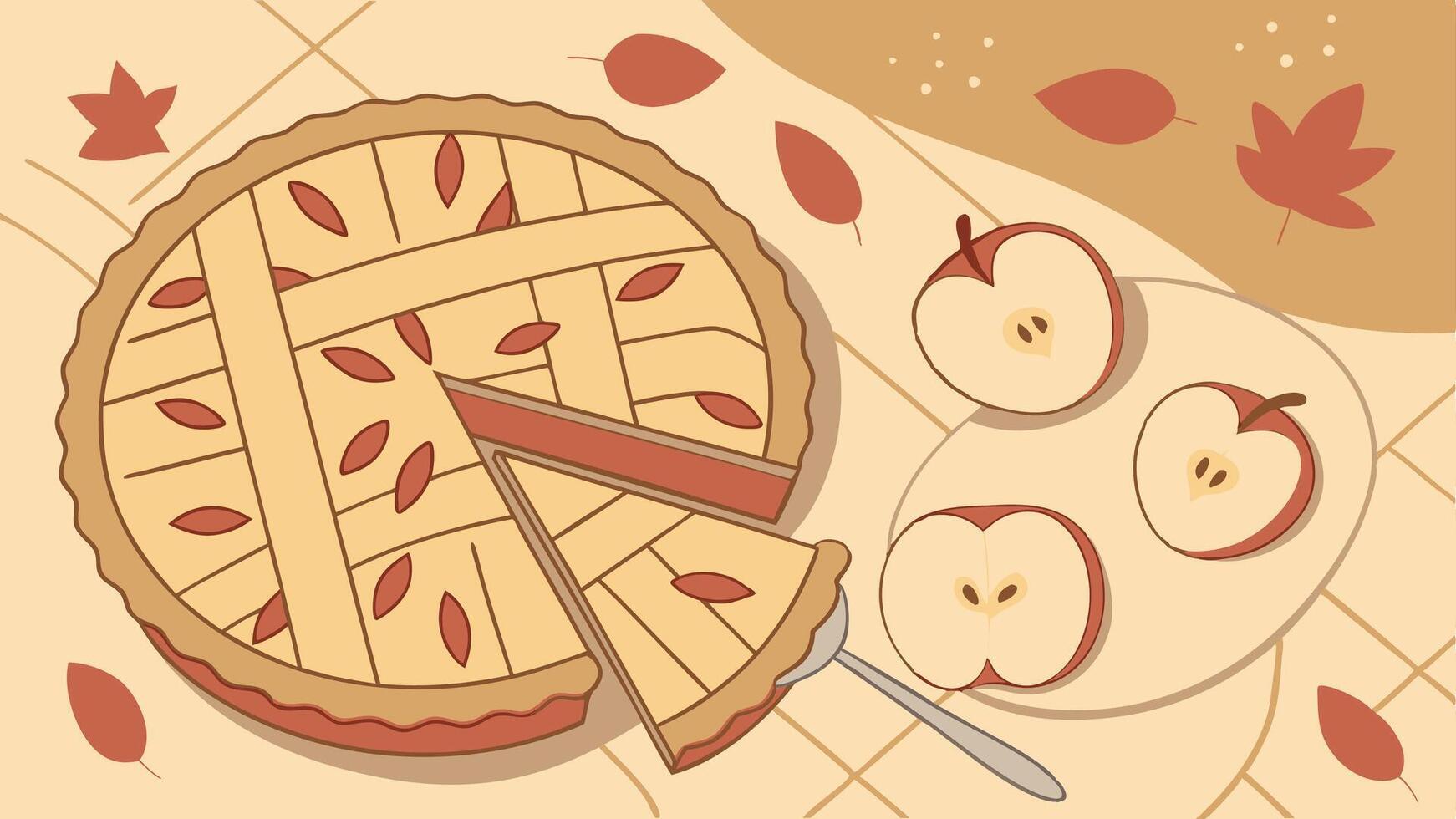 Homemade apple pie with festive garnish being sliced. image vector