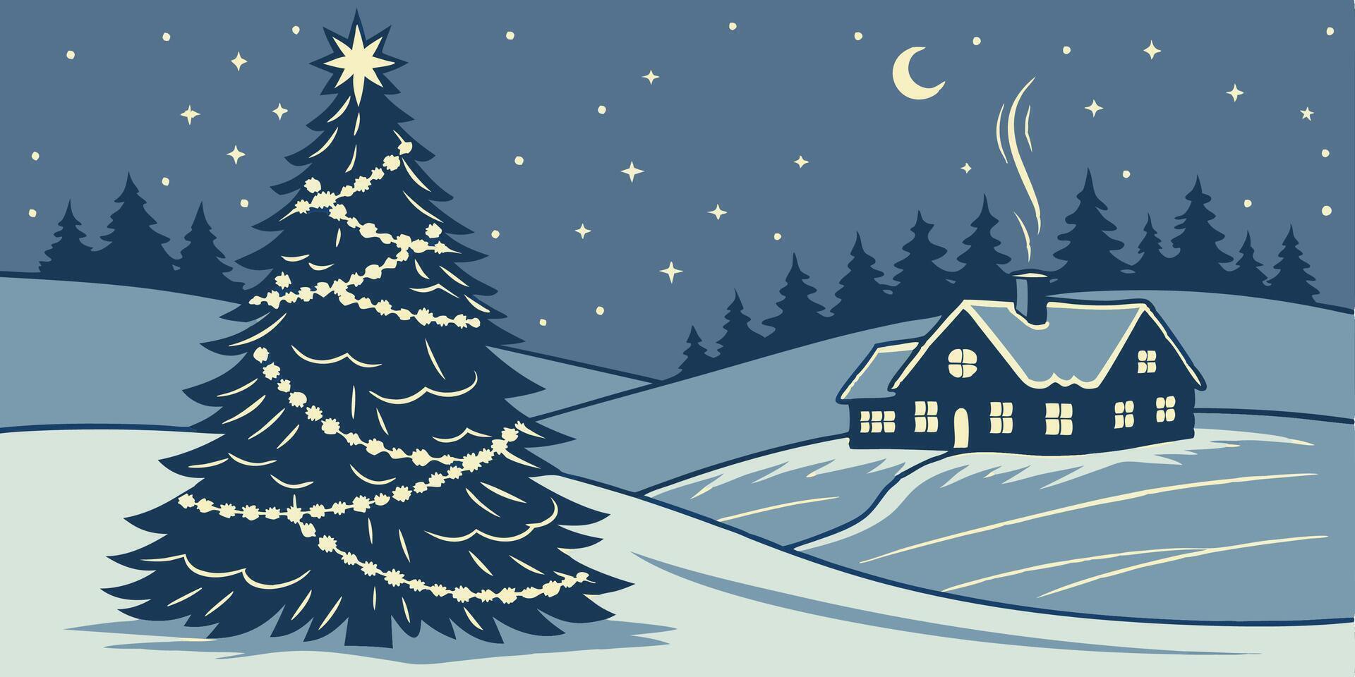 Winter christmas landscape. Magical fairy light. Christmas tree. Winter starry sky vector