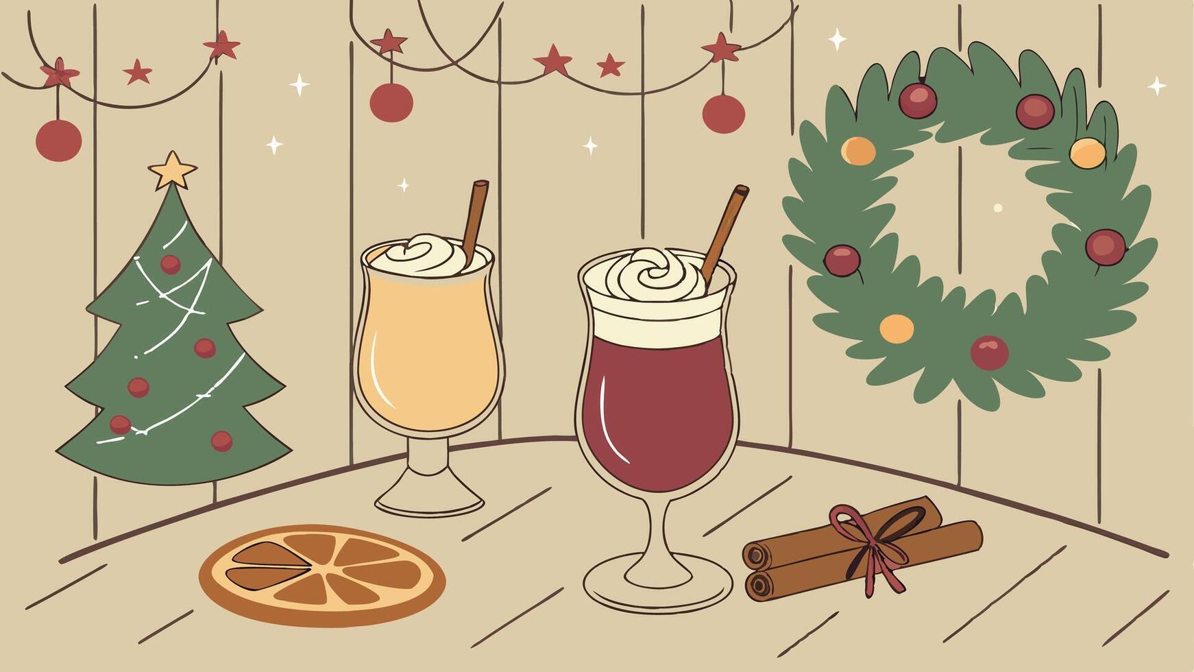 Festive drinks and Christmas decor on a wooden backdrop vector