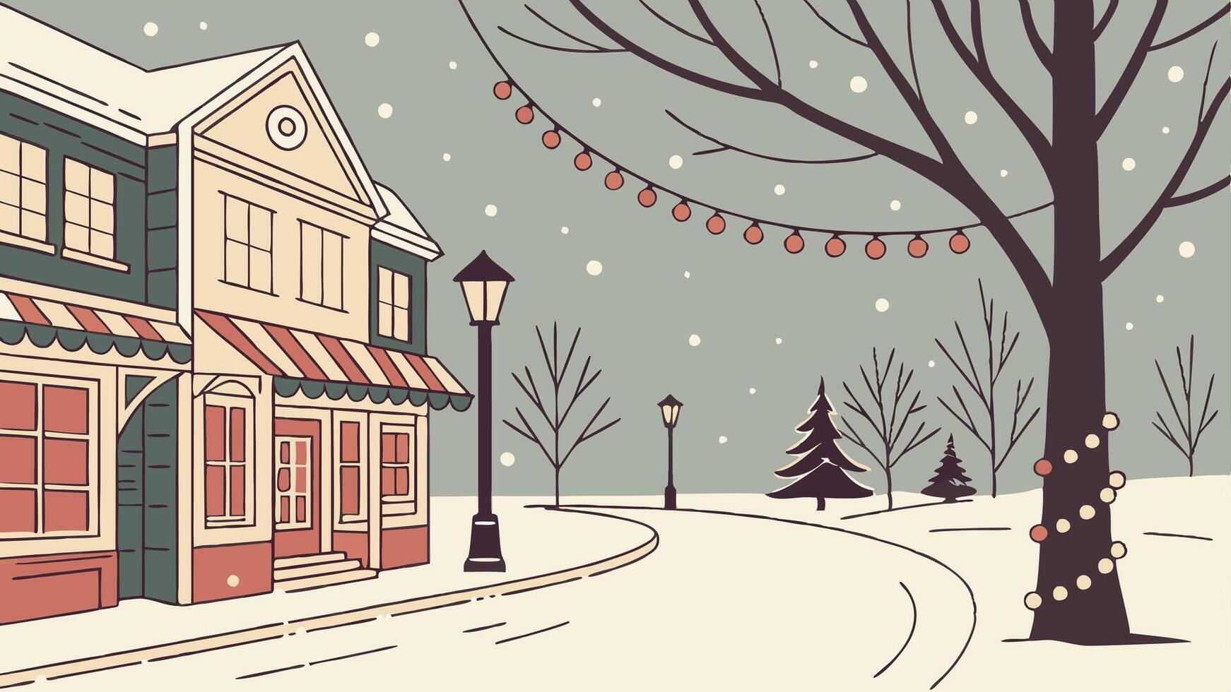 Magical christmas atmosphere with garlands of christmas lights outdoors in a snowy day vector