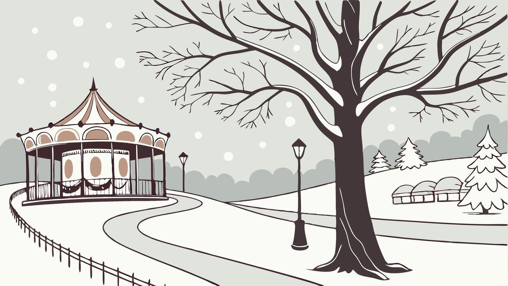 Winter scene at Tivoli Gardens. Copenhagen. with snow-clad tree and carousel in the background. vector