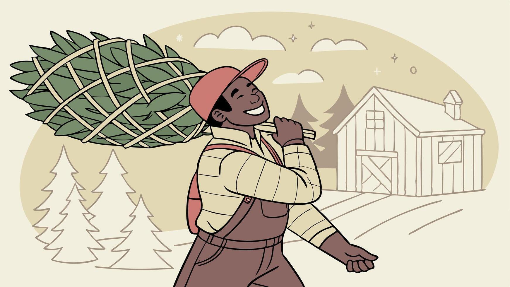 Smiling diverse man carrying christmas tree chosen on special farm. Preparing for holidays. vector