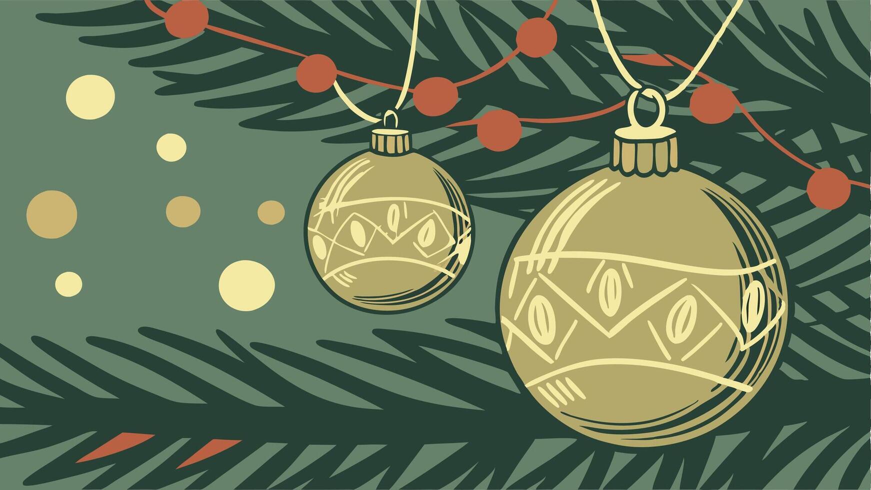 Close up of golden balls on christmas tree. Bokeh garlands in the background. New Year concept. vector