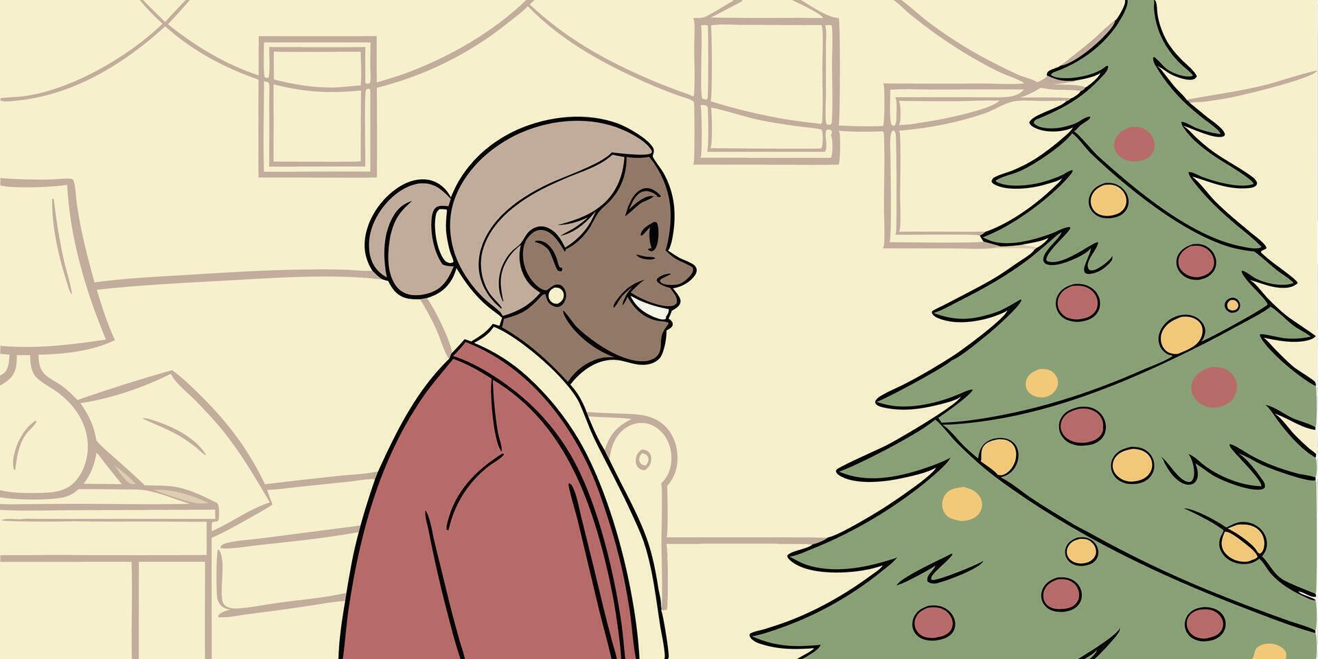 Portrait of a smiling senior woman standing in front of christmas tree vector