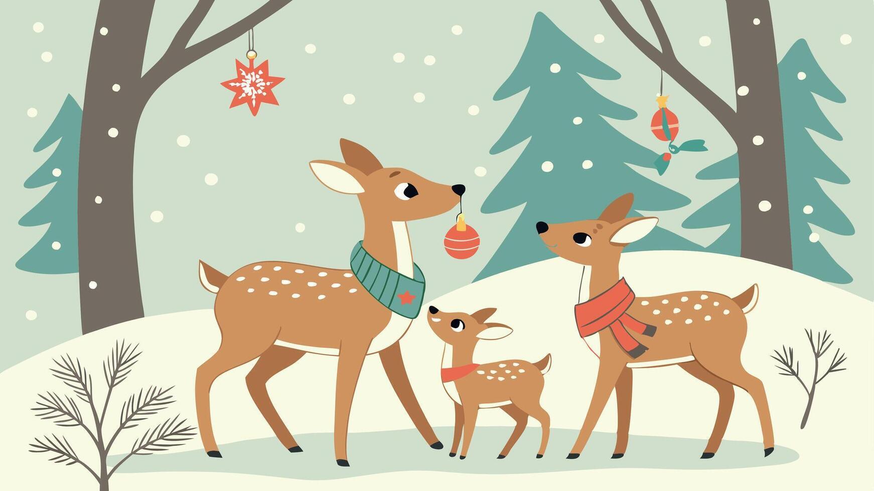 Festive Deer Family in Snowy Forest - New Year's Celebration - vector