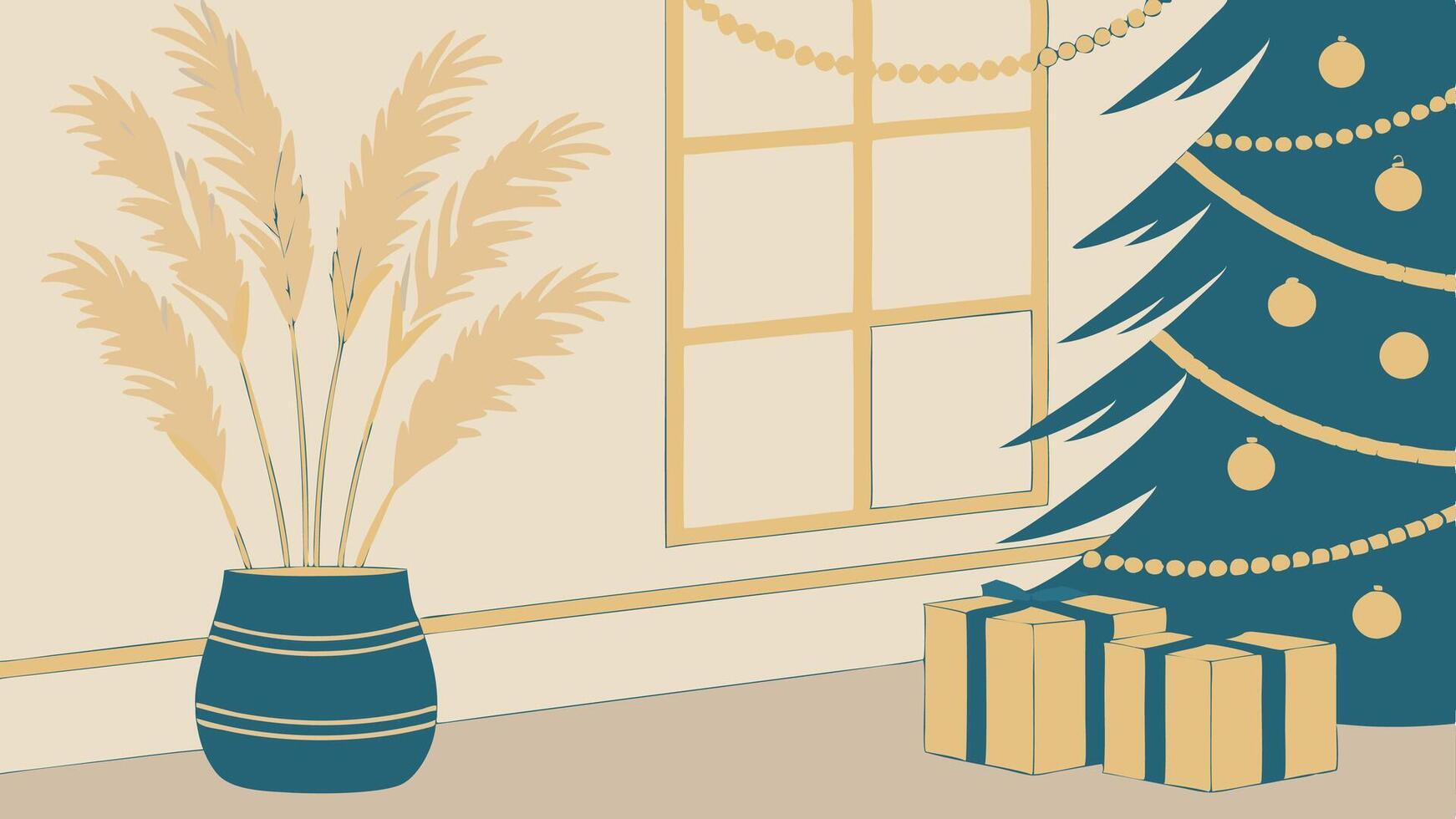 Premium Christmas Decorations with Pampas Grass. Pastel Blue and Gold Festive Scene. vector