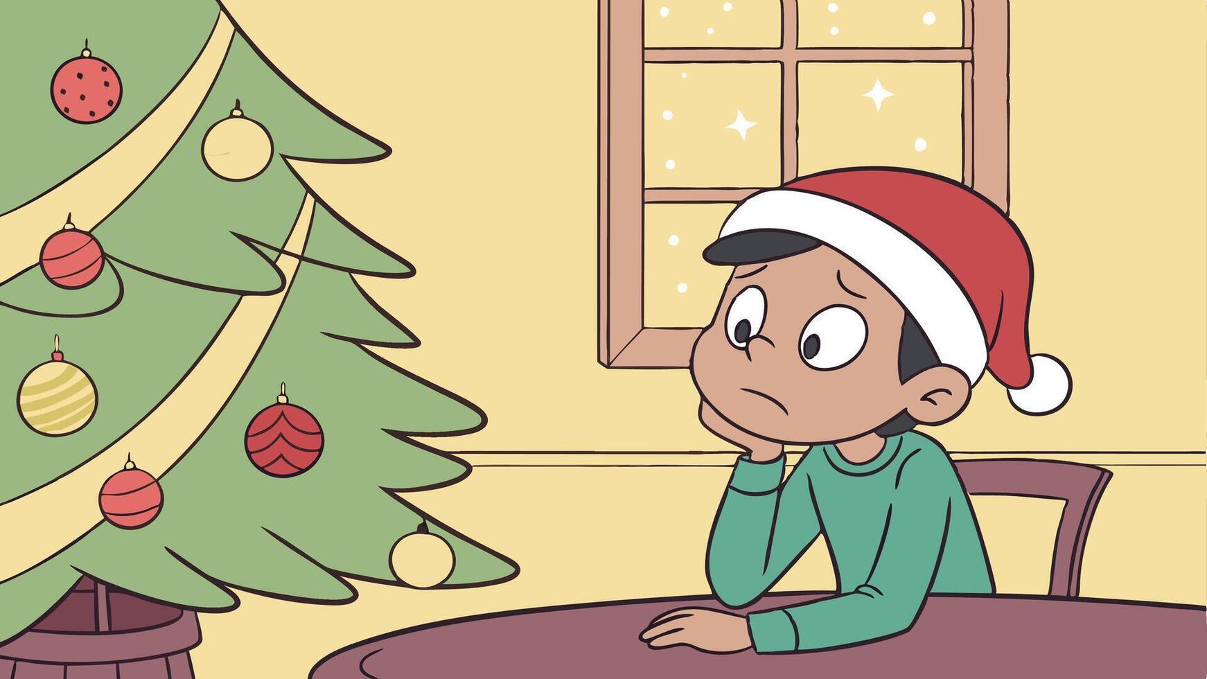Images. Pensive serious boy wearing Santa hat and sitting at the table next to the Christmas tree vector