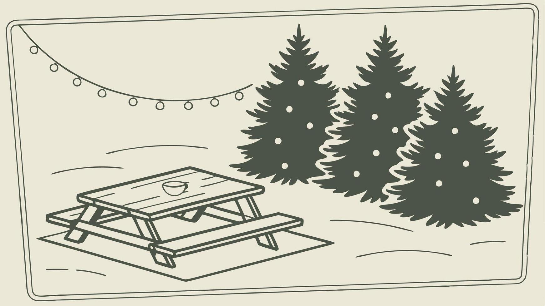 Christmas card with wood table top and blurred christmas trees with lights copy space vector