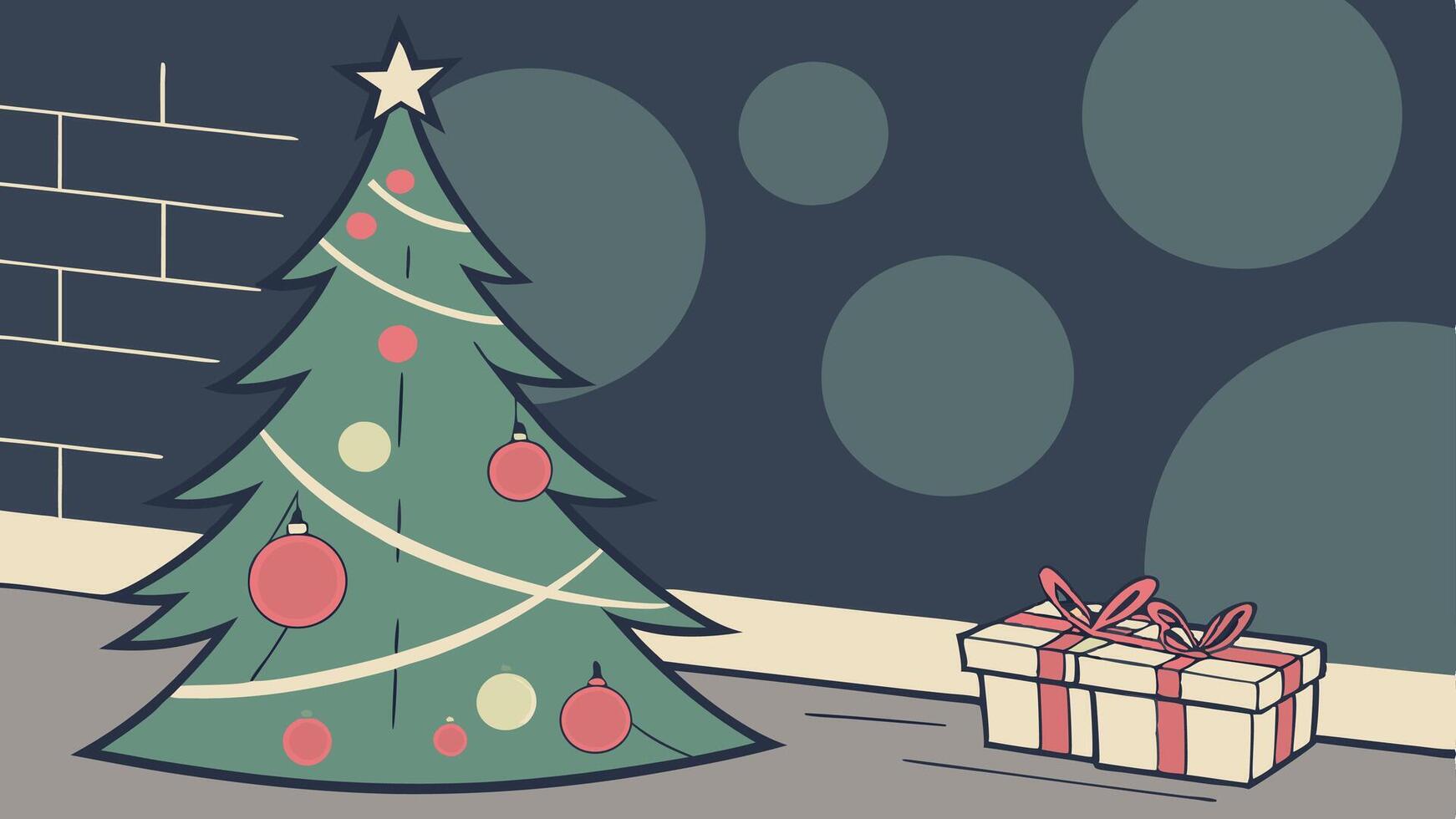 Festive christmas tree with presents against dark wall. blurred lights. copy space vector